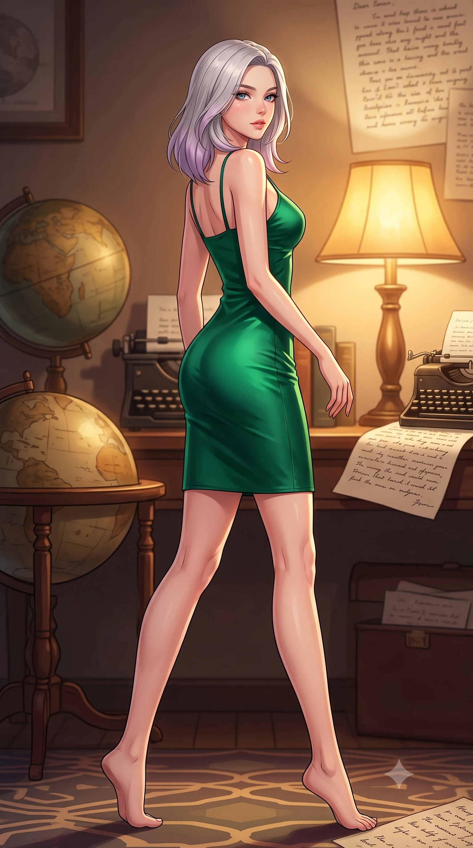 score_9, masterpiece, best quality, ultra-detailed, high-budget anime keyframe, tasteful artistic composition, Caucasian woman. low angle full-body shot from head to toe showing her feet, filling the entire 9:16 vertical frame with her statuesque presence, stretching her vertical silhouette. stepping gracefully while looking back over her shoulder, her dress draped tightly to reveal her silhouette the background shows a soft-focus a cozy personal study with vintage globes, typewriters, and handwritten manuscripts. She has an absolutely perfect, statuesque 8.5-heads proportion, an exceptionally tall and slender model-like female figure with impossibly long slender legs and an ultra-slim waist. sharp v-shaped jawline, high-bridge nose, intricate jewel-like eyes with depth, thick eyelashes, glossy lips with a natural sheen. wearing a slim-fit form-contouring emerald green silk slip dress that hugs her slender waist and hips. warm table lamp light casting cozy, nostalgic shadows on the mahogany desk. highly saturated vibrant anime colors, cel-shading, 2d style, master piece, 9:16 ratio