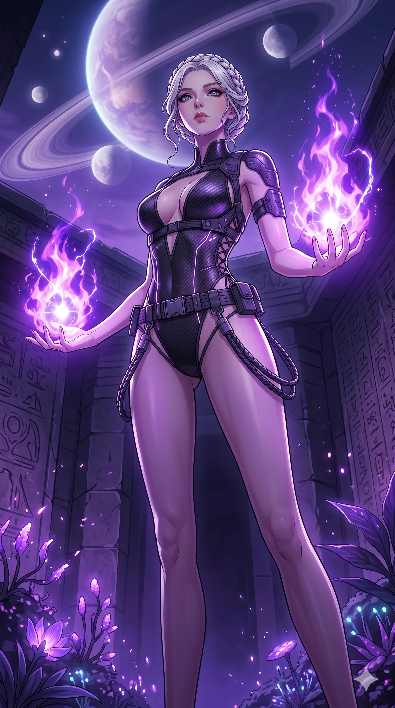 score_9, masterpiece, best quality, ultra-detailed, High-budget Anime Keyframe, vibrant colors, fluid line-art, expressive lighting, cinematic composition, Ufotable-style visual effects, top-tier animation quality, Korean woman with idol-like refined features. Low angle cowboy shot filling the entire 9:16 frame with her statuesque presence, looking up to emphasize her height. Igniting a mystical flame that burns with a brilliant violet light, casting long and dramatic shadows on the temple walls. She has an absolutely perfect 8-heads proportion, an exceptionally tall and slender female figure with impossibly long slender legs and an ultra-slim waist, her statuesque height and towering silhouette dominating the vertical 9:16 frame. Her face is a masterpiece featuring a sharp v-shaped jawline, high-bridge nose, intricate jewel-like eyes with depth, thick eyelashes, and glossy lips with a natural sheen. She is wearing a Micro-bodysuit with a complex integrated harness system and high-cut leg lines crafted from Carbon-fiber weave with a high-tech matte finish and integrated glowing filaments, featuring a deep plunging neckline and delicate lace-up side details. The scene is set in a mysterious alien planet with bioluminescent purple flora and a giant ringed planet in the sky, illuminated by cinematic lighting with dramatic rim light that highlights her slender silhouette. 2k, ultra detail, master piece, 9:16 ratio