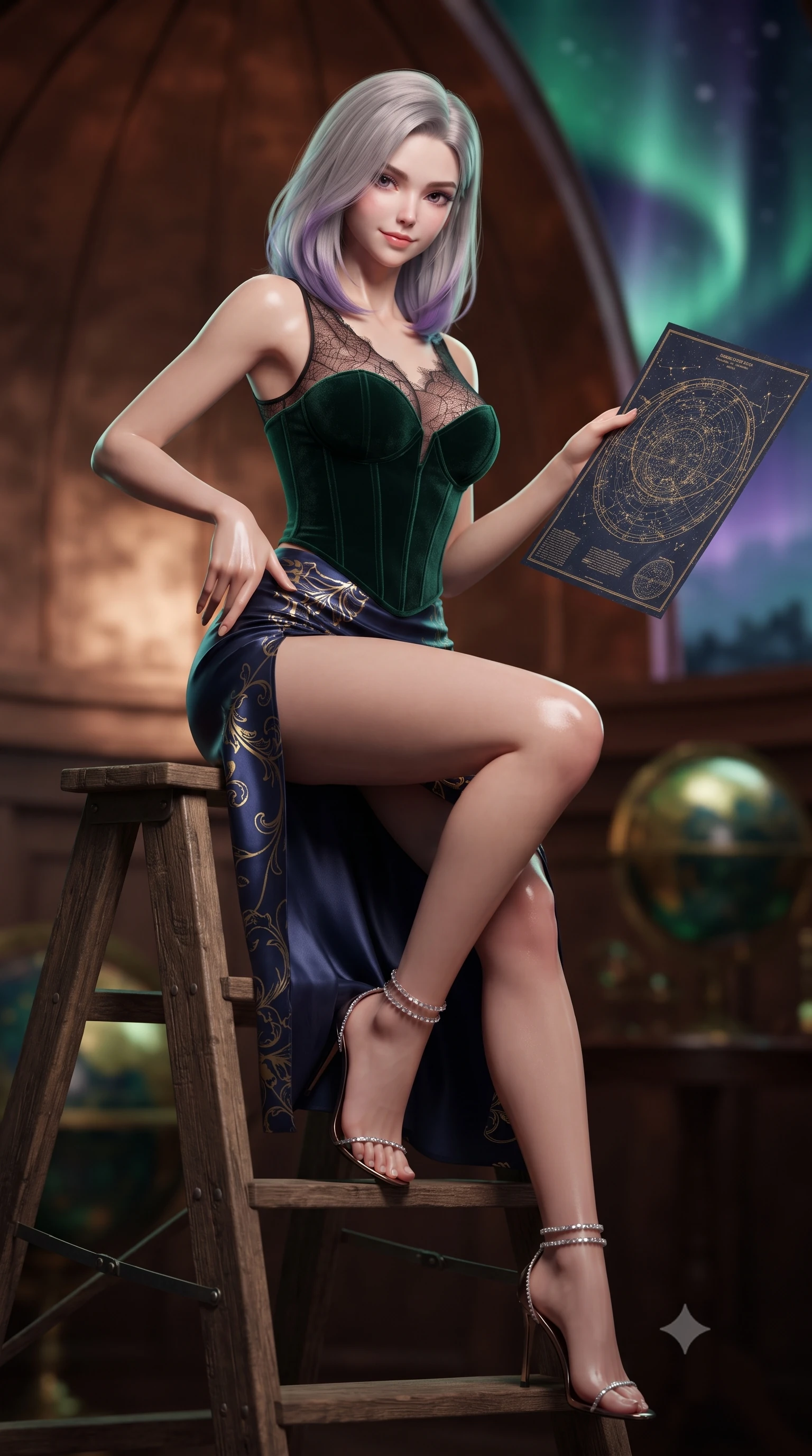 score_9, masterpiece, best quality, ultra-detailed, high-budget anime keyframe, editorial fashion photography, tasteful artistic composition, Caucasian woman. close-up cowboy shot from the waist and thighs up, the character dominates the composition, filling the frame with her large presence. tilting her head with a teasing half-smile, running one hand slowly down the side of her hip in a flirtatious S-curve as ambient light caresses her silhouette while sitting perched on the observatory wooden ladder with legs crossed, holding an antique star chart with effortless sovereign charm. The background shows a soft-focus swirling green and violet northern lights across the starry sky, curved copper dome interior, and brass celestial globes blurred into emerald, amethyst, and gold bokeh. She has an exceptionally elegant, slender, and willowy female figure with an ultra-slim waist, flat toned midriff, narrow ribcage, and sculpted feminine hips creating an alluring, slim hourglass silhouette without bulk. sharp v-shaped jawline, high-bridge nose, sparkling eyes with hypnotic seductive depth, thick curled eyelashes, glossy parted lips with a natural dewy peach sheen, alluring bedroom-eyes with an enchanting coquettish smile, exuding magnetic siren charisma and sophisticated glamour, flawlessly proportioned anatomical accuracy, strict slender model proportions, natural body alignment, perfectly sculpted long slender limbs, ultra-slim waistline, clean dynamic posture without body distortion. wearing a plunging sweetheart-neckline boned velvet underbust corset over a sheer spiderweb lace camisole and high-slit satin skirt in deep emerald velvet and dark sapphire with gold filigree, woven from buttery-soft stretch lambskin leather adhering to her body like a second skin, complemented by strappy stiletto sandals with crystal ankle wraps accentuating her slender calves, the glove-like clinging cut tightly following the natural contour of her hips and long slender legs with youthful 8.5-heads elegance. illuminated by brass tube specular highlights and sharp cyan-magenta rim lights defining her delicate clavicles, ultra-slim waist, and curvy hips. ultra-reflective glossy finish, specular highlights, rich textural contrasts, high-contrast stereoscopic depth, volumetric dynamic lighting, 2k, ultra detail, master piece, 9:16 ratio