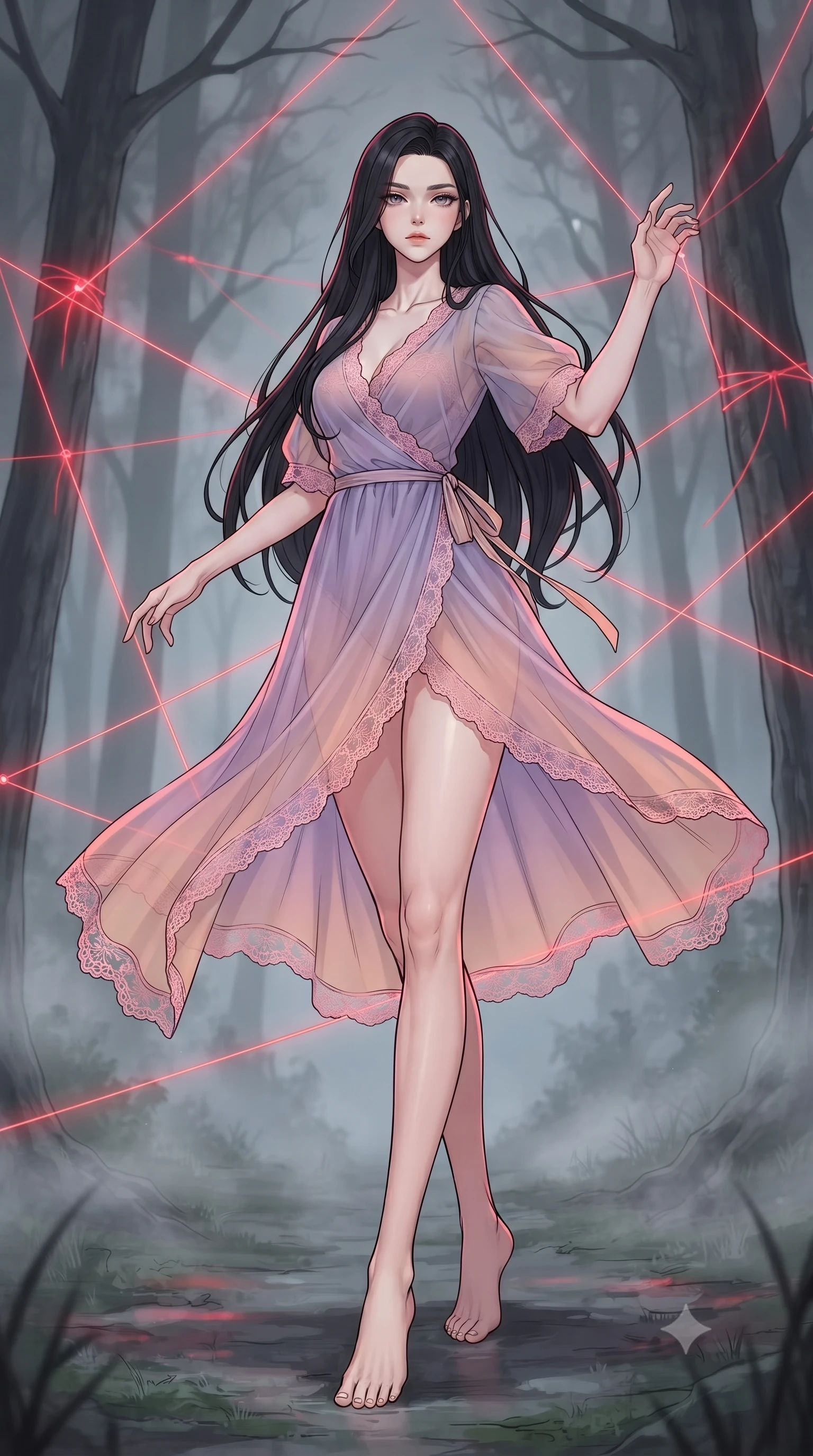 score_9, masterpiece, best quality, ultra-detailed, high-budget anime keyframe, gorgeous anime illustration, with clean line-art and distinct ink outlines, Korean woman. low angle full-body shot from head to toe showing her feet, filling the entire 9:16 vertical frame with her statuesque presence, stretching her vertical silhouette. navigating with fluid motion through in a misty forest at night where glowing red threads are tied between the trees, weaving a complex geometric web that floats above the damp ground. She has a statuesque 8.5-heads proportion, an exceptionally tall, slender and willowy model-like build with impossibly long legs and a highly sculpted ultra-slim waist. sharp v-shaped jawline, high-bridge nose, intricate jewel-like eyes with depth, thick eyelashes, glossy lips with a natural sheen. wearing a translucent chiffon wrap dress in a lavender-to-peach gradient, detailed with pink lace. soft, eerie red glow from the floating threads casting red accents on the character, contrasted with cool grey forest mist. 2k, ultra detail, master piece, 9:16 ratio, vibrant anime color palette, detailed cel-shading with soft gradients, rich contrast, dynamic lighting, 2d animation style
