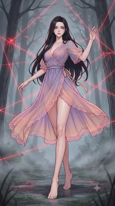 score_9, masterpiece, best quality, ultra-detailed, high-budget anime keyframe, gorgeous anime illustration, with clean line-art and distinct ink outlines, Korean woman. low angle full-body shot from head to toe showing her feet, filling the entire 9