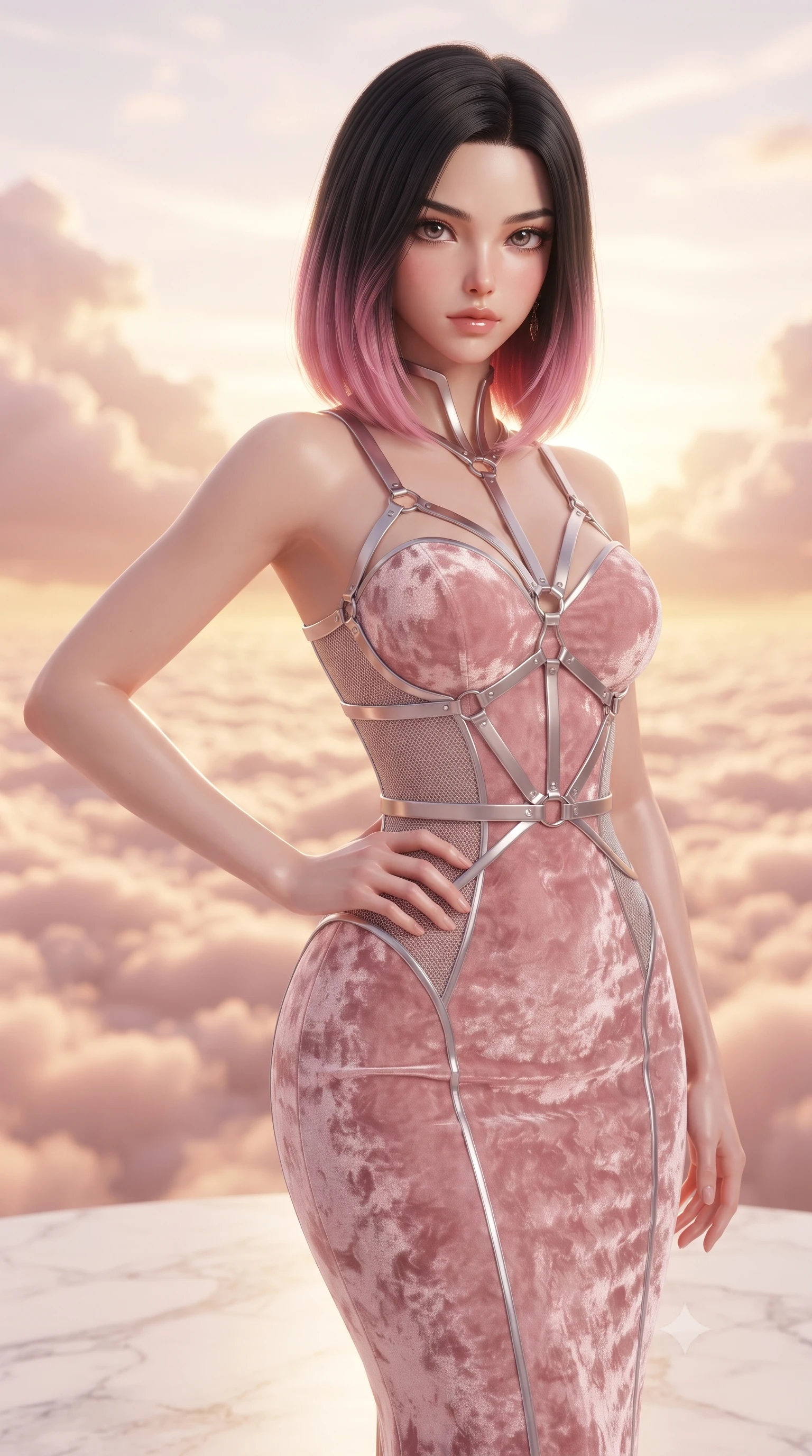score_9, masterpiece, best quality, ultra-detailed, high-budget anime keyframe, editorial fashion photography, tasteful artistic composition, Korean woman. close-up cowboy shot from the waist and thighs up, the character dominates the composition, filling the frame with her large presence, background elements kept in soft focus. Holding a confident power pose with one hand on her hip, standing on a white marble terrace floating high above a sea of rose-gold cloud waves, endless atmospheric depth with layered clouds fading into golden distance. She has an exceptionally elegant, slender, and willowy female figure with an ultra-slim waist, a gracefully sculpted slender torso, and a refined silhouette. sharp v-shaped jawline, high-bridge nose, intricate jewel-like eyes with depth, thick eyelashes, glossy lips with a natural sheen. wearing sculpted form-fitting crushed white velvet column gown in rose-gold pink, made of fine silver contouring mesh, highlighted by a platinum metallic harness structure, the fitted fabric emphasizing her ultra-slim waist. bathed in warm golden sunrise beams filtering through soft rose clouds. ultra-reflective glossy finish, specular highlights, metallic sheen, high-contrast stereoscopic depth, volumetric dynamic lighting, 2k, ultra detail, master piece, 9:16 ratio