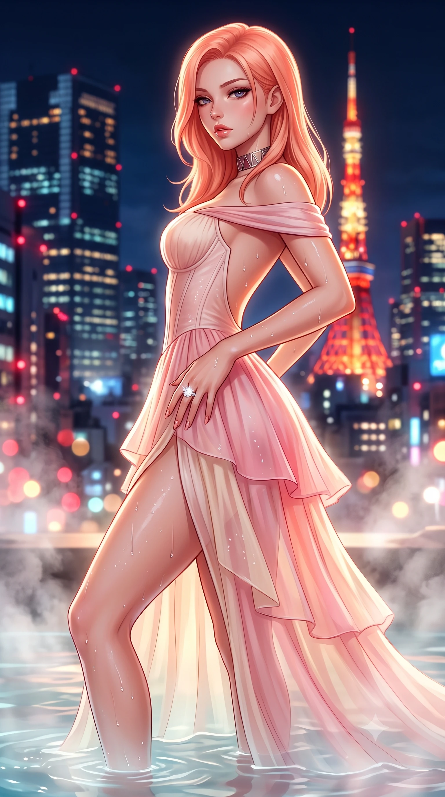 score_9, masterpiece, best quality, ultra-detailed, high-budget anime keyframe, semi-realistic 3D game render, editorial fashion photography, tasteful artistic composition, Japanese woman. close-up cowboy shot from the waist and thighs up, the character dominates the composition, filling the frame with her large presence. arching her spine backward with effortless dancer poise, one hand sliding along her hip line as directional light carves specular highlights along her silhouette while wading languidly through the steaming mineral water with hips cocked, water droplets beading along her flat midriff and long slender legs. The composition keeps background elements in soft focus with creamy bokeh. towering Tokyo skyscrapers and illuminated Tokyo Tower blurred into sparkling crimson, gold, and sapphire bokeh through rising steam. She has an exceptionally elegant, slender, and willowy female figure with an ultra-slim waist, flat toned midriff, narrow ribcage, and sculpted feminine hips creating an alluring, slim hourglass silhouette without bulk. sharp v-shaped jawline, high-bridge nose, intricate jewel-like eyes with depth, thick eyelashes, glossy parted lips with a natural sheen, intensely captivating and seductive bedroom-eyes expression, flawlessly proportioned anatomical accuracy, strict slender model proportions, natural body alignment, perfectly sculpted long slender limbs, ultra-slim waistline, clean dynamic posture without body distortion. wearing an off-shoulder French court corset bodice dress paired with a tiered translucent chiffon slit skirt in sakura blossom pink and warm ivory, woven from layered gossamer chiffon with a weightless sweeping drape, complemented by a bold geometric choker and sparkling cocktail ring, the dramatically scooped open back descending to the base of her spine, accentuating her razor-sharp statuesque lines and slim hourglass silhouette. illuminated by rising steam backlights and city glow softly contouring her razor-sharp jawline, narrow waist, and curvy hips. highly saturated vibrant anime colors, detailed shading with soft gradients, rich glossy textures, high-contrast stereoscopic depth, volumetric dynamic lighting, master piece, 9:16 ratio