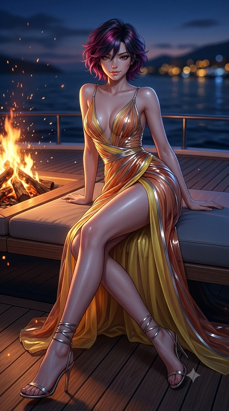 score_9, masterpiece, best quality, ultra-detailed, high-budget anime keyframe, semi-realistic 3D game render, editorial fashion photography, tasteful artistic composition, Korean woman. low angle full-body shot from head to toe showing her feet, filling the entire 9:16 vertical frame with her statuesque presence, stretching her vertical silhouette. reclining gracefully across the yacht teak sunpad with one leg extended, her sculpted silhouette and flat midriff radiating magnetic nocturnal glamour while twisting her slender torso in an alluring S-curve, dancing amber firelight and cool indigo twilight tracing her narrow waist and curvy hips. The background shows a soft-focus crackling driftwood fire sparks, glowing embers, and calm dark ocean waters under early twilight stars blurred into amber, gold, and sapphire bokeh. She has an absolutely perfect, statuesque 8.5-heads proportion, an exceptionally tall and slender model-like female figure with impossibly long slender legs, an ultra-slim waist, a flat toned midriff, narrow delicate ribcage, and beautifully sculpted feminine hips creating a graceful, slim hourglass silhouette without any bulky heaviness. sharp v-shaped jawline, high-bridge nose, sparkling eyes with hypnotic seductive depth, thick curled eyelashes, glossy parted lips with a natural dewy peach sheen, alluring bedroom-eyes with an enchanting coquettish smile, exuding magnetic siren charisma and sophisticated glamour, flawlessly proportioned anatomical accuracy, strict slender model proportions, natural body alignment, perfectly sculpted long slender limbs, ultra-slim waistline, clean dynamic posture without body distortion. wearing a plunge-front sheer illusion tulle slip dress with liquid platinum ribbon stripes hugging her curves in sun-kissed terracotta and Amalfi lemon yellow, crafted from wet-look high-gloss vinyl fabric with dazzling specular surface reflections, complemented by strappy stiletto sandals with metallic ankle wraps accentuating her slender calves, the high-slit wrap tailoring accentuating her ultra-slim waistline and the enchanting curve of her feminine hips with alluring seductive charm. bathed in the dramatic dual contrast of warm dancing 2000K firelight on her front and cool deep indigo 5000K twilight on her back. highly saturated vibrant anime colors, detailed shading with soft gradients, rich glossy textures, high-contrast stereoscopic depth, volumetric dynamic lighting, master piece, 9:16 ratio