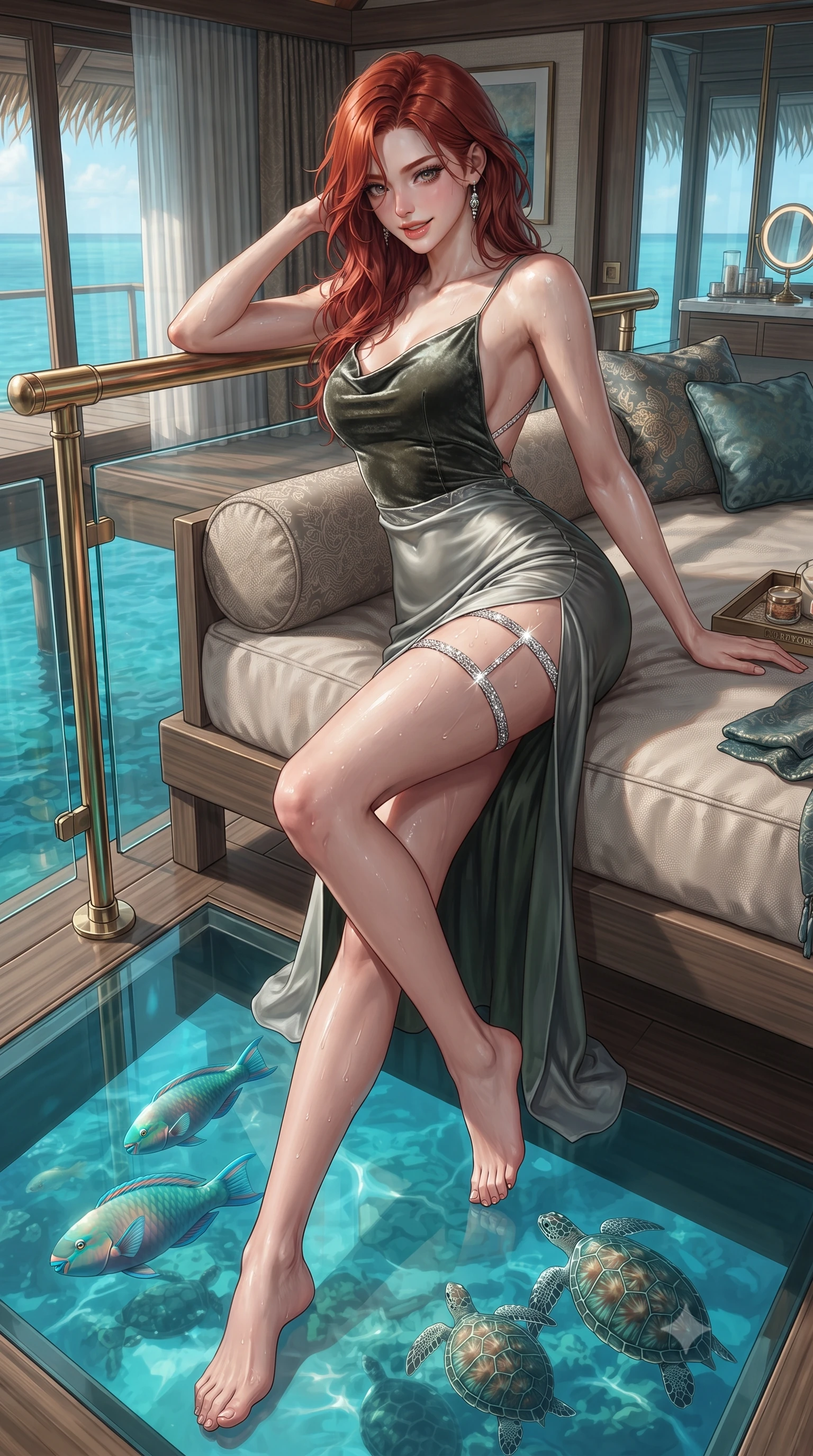 score_9, masterpiece, best quality, ultra-detailed, high-budget anime keyframe, editorial fashion photography, tasteful artistic composition, Korean woman. low angle full-body shot from head to toe showing her feet, filling the entire 9:16 vertical frame with her statuesque presence, stretching her vertical silhouette. lounging on the lavish daybed with legs crossed and hips angled toward the camera, displaying her toned midriff and long slender limbs with effortless siren poise while leaning against the nautical brass rail with hips cocked back, looking down at illuminated tropical parrotfish and sea turtles with smoldering bedroom-eyes. The surrounding environment is rendered in vivid detail and crisp panoramic clarity: detailed outfit texture, bodycon fit, and luxury overwater villa architecture in high resolution. She has an exceptionally tall and slender model-like 8.5-heads proportion, an ultra-slim waist, a flat toned midriff, narrow delicate ribcage, and beautifully sculpted feminine hips creating a graceful, slim hourglass silhouette without any bulky heaviness, with impossibly long slender legs. sharp v-shaped jawline, high-bridge nose, intricate jewel-like sparkling eyes with depth, thick eyelashes, glossy parted lips with a natural peach sheen, bright cheerful beaming smile with an enchanting and coquettish sensual glint, exuding both youthful cute charm and seductive allure, flawlessly proportioned anatomical accuracy, strict slender model proportions, natural body alignment, perfectly sculpted long slender limbs, ultra-slim waistline, clean dynamic posture without body distortion. wearing a form-contouring gossamer silk chiffon slip dress with a hip-high slit and open cowl back clinging with dewy moisture in Loch Ness deep peat moss green and silver starlight, tailored from ultra-plush silk velvet with rich tactile depth and deep shadow gradients, finished with delicate crystal-encrusted thigh garter straps glinting in the dim light, the precision-cut side openings and low-back scoop framing her graceful spine and the sensual sweep of her slim, toned hips. illuminated by water caustics bounce and sharp platinum-cyan rim lights sculpting her jawline, narrow waist, and curvy hips. ultra-reflective glossy finish, specular highlights, rich textural contrasts, high-contrast stereoscopic depth, volumetric dynamic lighting, 2k, ultra detail, master piece, 9:16 ratio