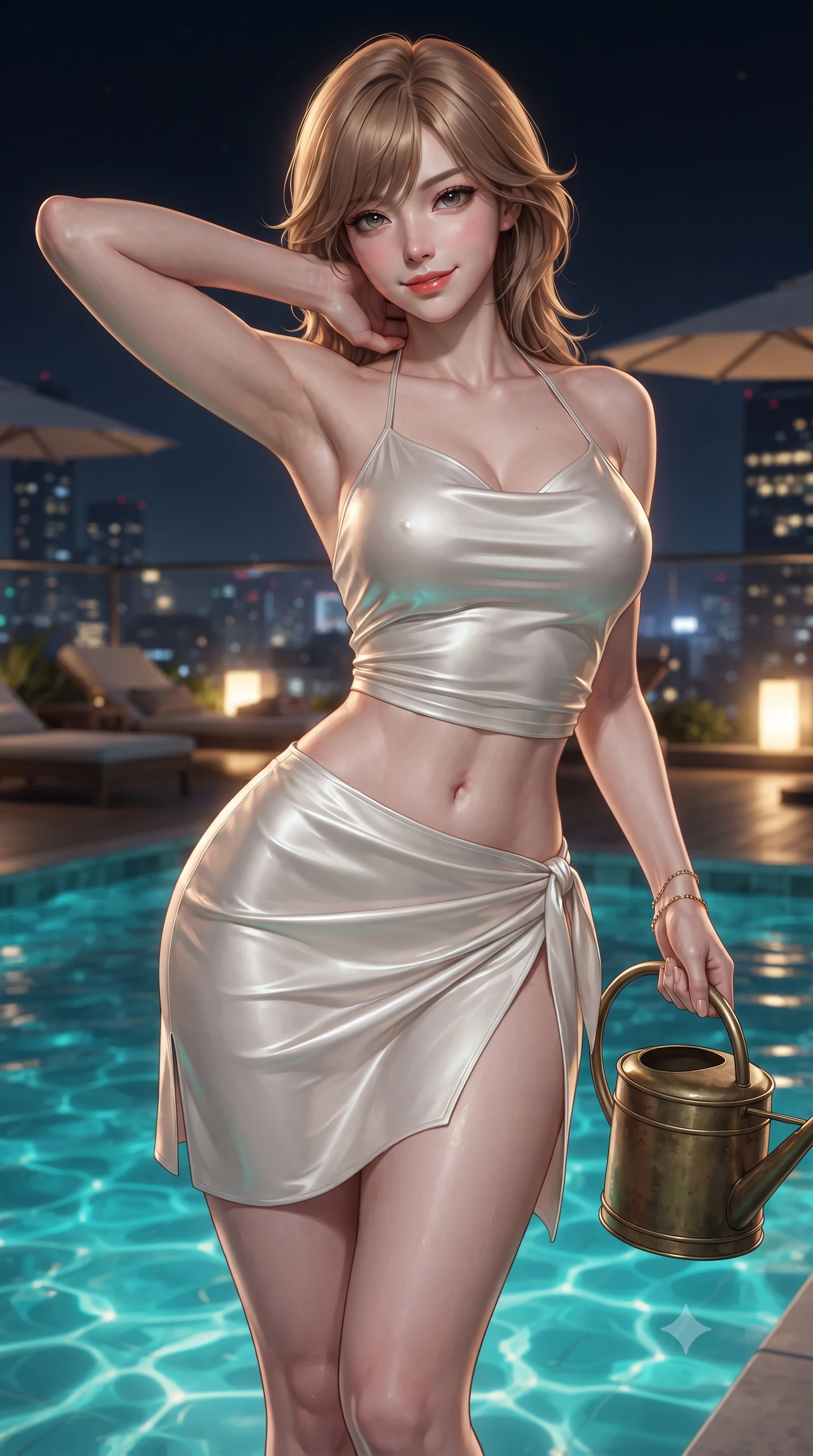 score_9, masterpiece, best quality, ultra-detailed, high-budget anime keyframe, editorial fashion photography, tasteful artistic composition, Korean woman. close-up cowboy shot from the waist and thighs up, the character dominates the composition, filling the frame with her large presence. resting both hands lightly behind her neck with elbows raised, arching her spine to highlight her narrow waist, flat midriff, and breathtaking collarbones while twisting her slender torso in an alluring S-curve, turquoise pool caustics and golden neon city reflections dancing across her curves. The surrounding environment is rendered in vivid detail and crisp panoramic clarity: detailed wet-look satin slip cling, gold ankle chain shine, and ultra-luxury rooftop terrace architecture in high resolution. She has an exceptionally elegant, slender, and willowy female figure with an ultra-slim waist, flat toned midriff, narrow ribcage, and sculpted feminine hips creating an alluring, slim hourglass silhouette without bulk. sharp v-shaped jawline, high-bridge nose, sparkling eyes with hypnotic seductive depth, thick curled eyelashes, glossy parted lips with a natural dewy peach sheen, alluring bedroom-eyes with an enchanting coquettish smile, exuding magnetic siren charisma and sophisticated glamour, flawlessly proportioned anatomical accuracy, strict slender model proportions, natural body alignment, perfectly sculpted long slender limbs, ultra-slim waistline, clean dynamic posture without body distortion. wearing a liquid-tight halterneck silk camisole paired with a curve-hugging wrap sarong mini skirt with high side slit in pure pearl alabaster with liquid platinum sheen, woven from buttery-soft stretch lambskin leather adhering to her body like a second skin, finished with an antique brass watering can held casually at her side, the form-contouring silhouette accentuating her sculpted flat midriff, narrow delicate ribcage, and gracefully curvy hips with intoxicating allure. illuminated by city neon reflection bounce and sharp platinum-gold rim lights defining her delicate clavicles, narrow waist, and curvy hips. ultra-reflective glossy finish, specular highlights, rich textural contrasts, high-contrast stereoscopic depth, volumetric dynamic lighting, 2k, ultra detail, master piece, 9:16 ratio