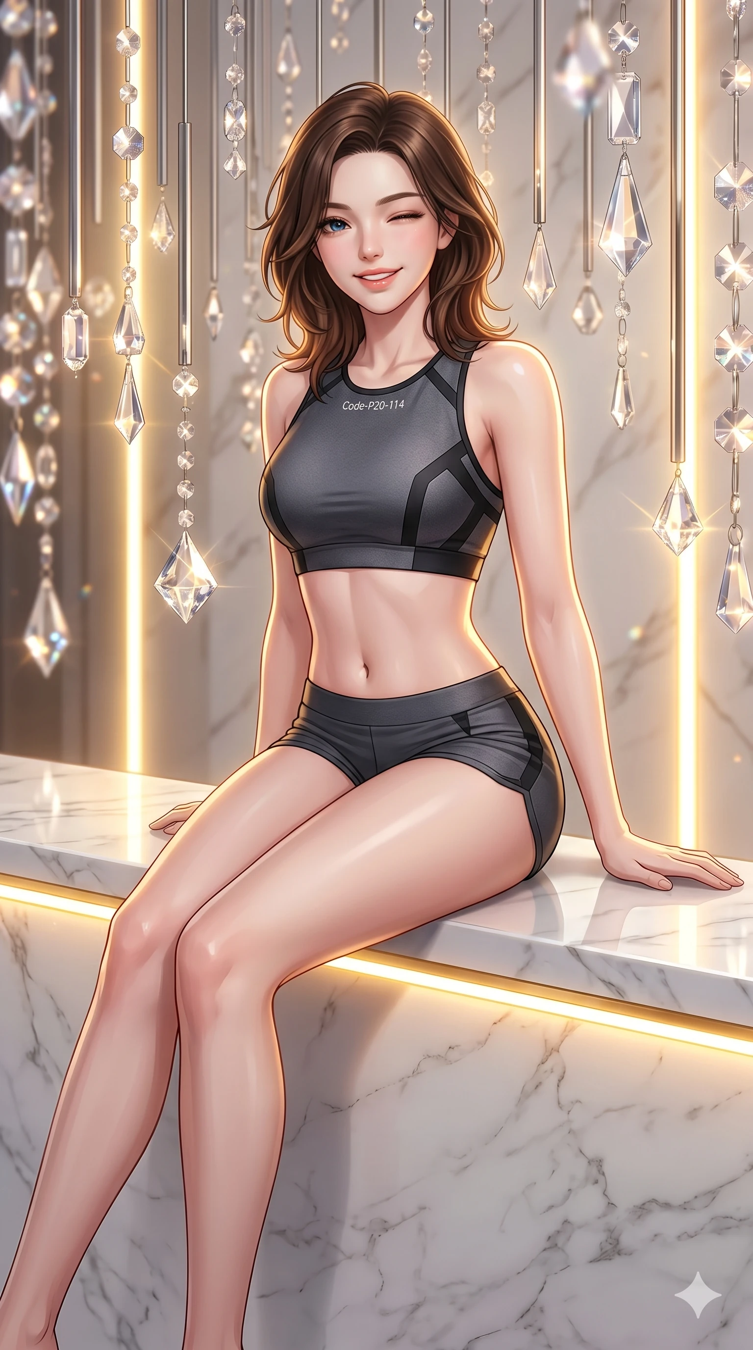 score_9, masterpiece, best quality, ultra-detailed, high-budget anime keyframe, vibrant anime aesthetic, Korean woman. cowboy shot from the thighs up, character and outfit filling the frame for maximum presence. She is sitting on a marble ledge, winking and smiling cheerfully at the viewer inside a high-fashion set with hanging crystals (Code-P20-114). She has an absolutely perfect 8-heads proportion, an exceptionally tall and slender female figure with impossibly long slender legs and an ultra-slim waist. V-shaped jawline, high-bridge nose, intricate jewel-like eyes with depth, thick eyelashes, glossy lips with a natural sheen. wearing a skin-tight activewear set with sports bra and micro-shorts. She is intense warm rim lights, outlining her 8-heads proportion and V-shaped jawline. 2k, ultra detail, master piece, 9:16 ratio