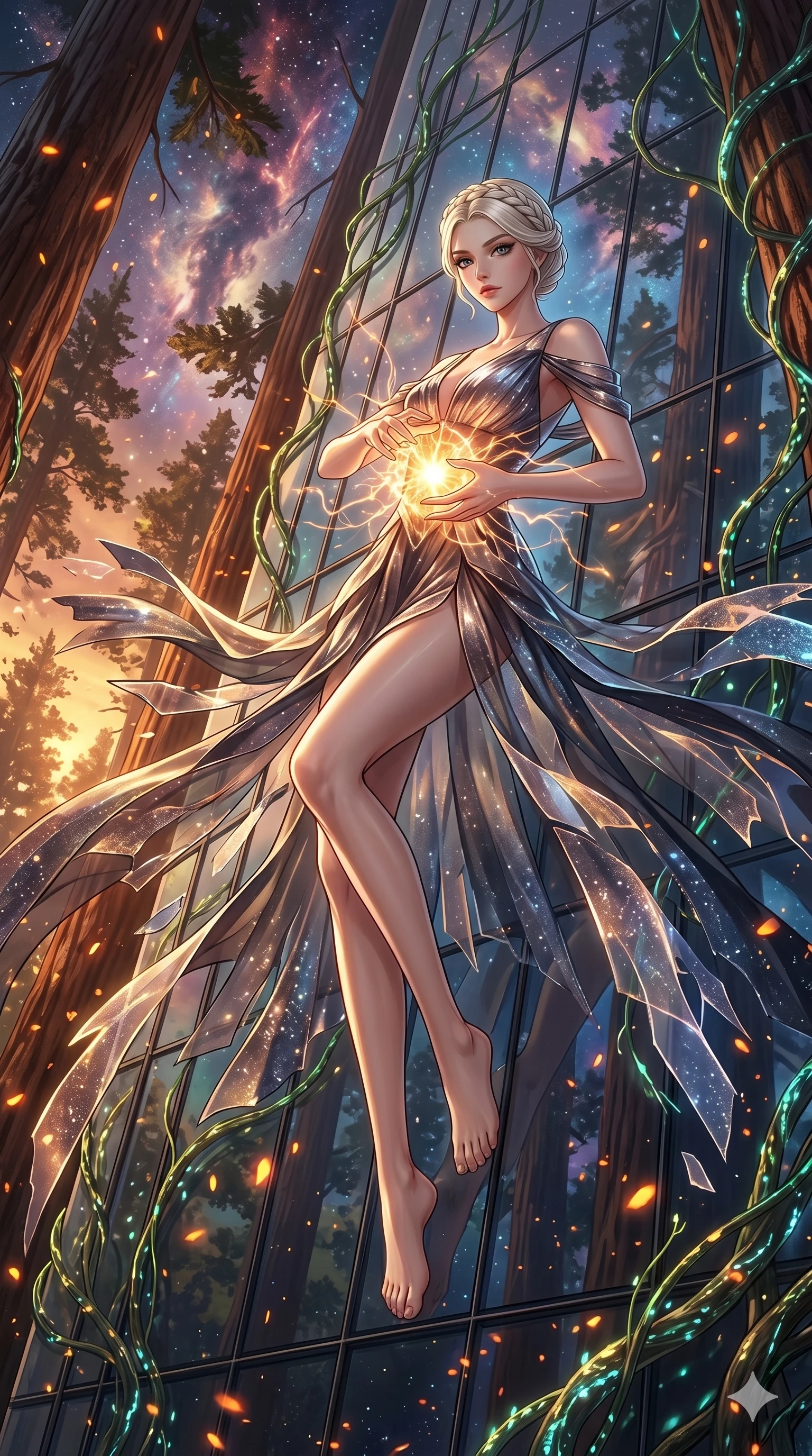 score_9, masterpiece, best quality, ultra-detailed, Set A: High-budget Anime Keyframe, Japanese woman. Low angle cowboy shot filling the entire 9:16 frame with her statuesque presence. Theme: Abstract Cosmic. sliding down a glass skyscraper in a giant redwood forest with glowing vines, holding a glowing core that hums with the power of 152 suns. The atmosphere is filled with golden hour with floating embers. She has an absolutely perfect 8-heads proportion, an exceptionally tall and slender female figure with impossibly long slender legs and an ultra-slim waist. Sharp v-shaped jawline, high-bridge nose, intricate jewel-like eyes with depth, glossy lips. Wearing Shattered-dimension dress where parts of the fabric seem to phase in and out. Cinematic lighting, vivid colors, dramatic shadows, 2k, ultra detail, master piece, 9:16 ratio