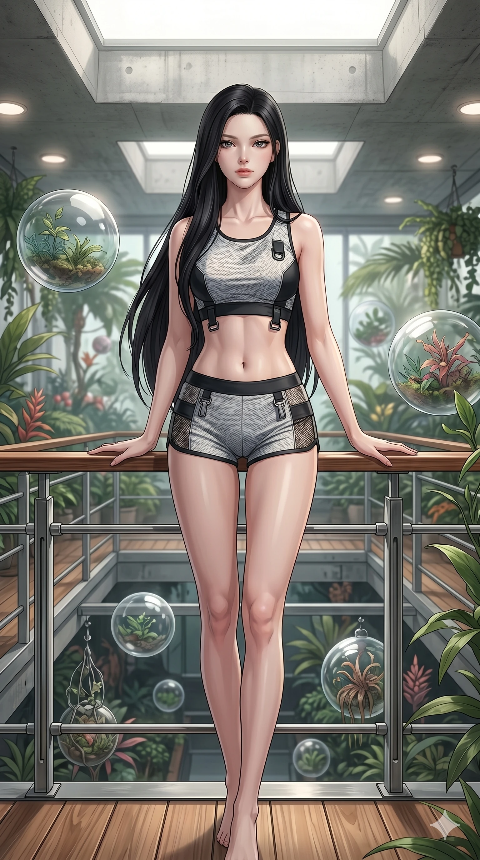 score_9, masterpiece, best quality, ultra-detailed, high-budget anime keyframe, editorial fashion photography, tasteful artistic composition, Korean woman. cowboy shot from the thighs up, character and outfit filling the frame for maximum editorial presence. resting her hands on the deck railing, looking past the camera with serene self-assurance inside a retro-futuristic greenhouse with levitating glass spheres (Code-P18-096). She has an absolutely perfect 8-heads proportion, an exceptionally tall and slender female figure with impossibly long slender legs and an ultra-slim waist. V-shaped jawline, high-bridge nose, intricate jewel-like eyes with depth, thick eyelashes, glossy lips with a natural sheen. wearing a crop top exposing her bare midriff and micro-shorts. soft diffused light from a concrete skylight, highlighting her V-shaped jawline and nose. 2k, ultra detail, master piece, 9:16 ratio