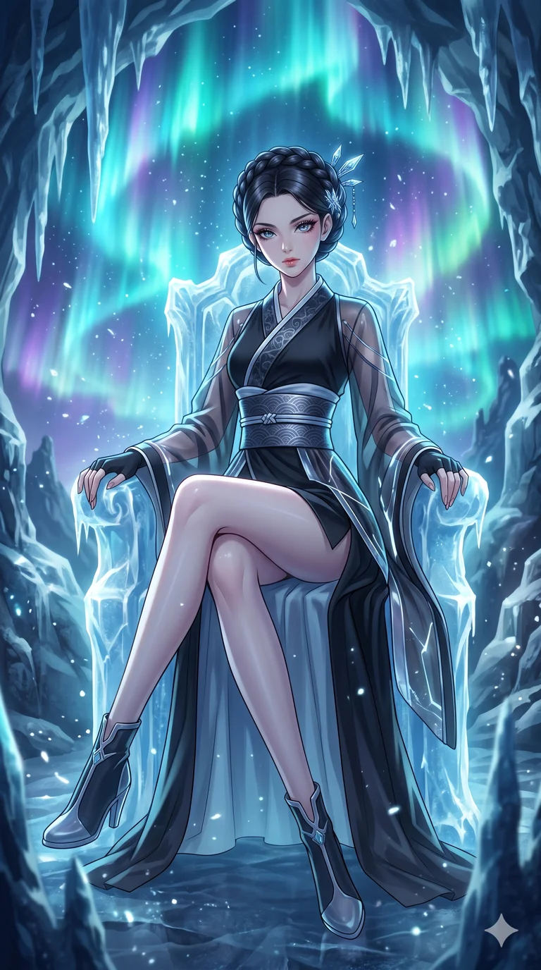 score_9, masterpiece, best quality, ultra-detailed, High-budget Anime Keyframe, beautiful Caucasian anime girl (strictly human ears). Dynamic full-body shot stretching the vertical silhouette with her statuesque presence. Sitting on a throne of ice in a cavern filled with vibrant northern lights. She has an absolutely perfect 8-heads proportion, an exceptionally tall and slender female figure with impossibly long slender legs and an ultra-slim waist. Sharp v-shaped jawline, high-bridge nose, intricate jewel-like eyes with depth, thick eyelashes, glossy lips with a natural sheen. Wearing a Modern Traditional outfit: obsidian black shortened cyber-hanbok, kimono-style wrap with wide obi, fusion silk robes with transparent panels. Background is a bright and colorful environment with cinematic lighting, dynamic particle effects, and high-contrast shadows. 2k, ultra detail, master piece, 9:16 ratio