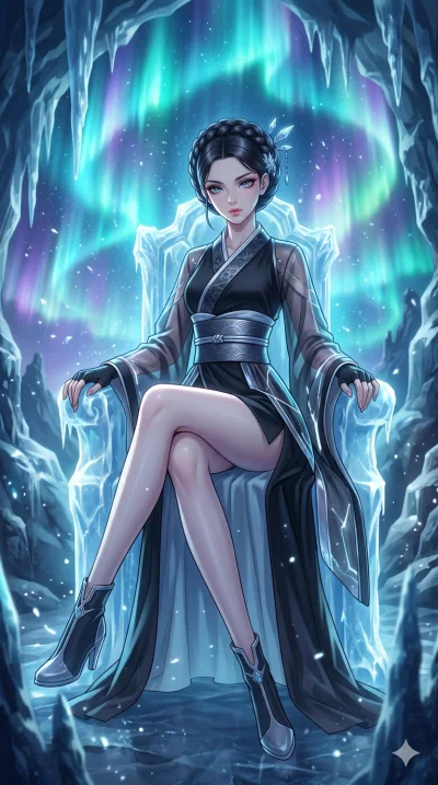 score_9, masterpiece, best quality, ultra-detailed, High-budget Anime Keyframe, beautiful Caucasian anime girl (strictly human ears). Dynamic full-body shot stretching the vertical silhouette with her statuesque presence. Sitting on a throne of ice i