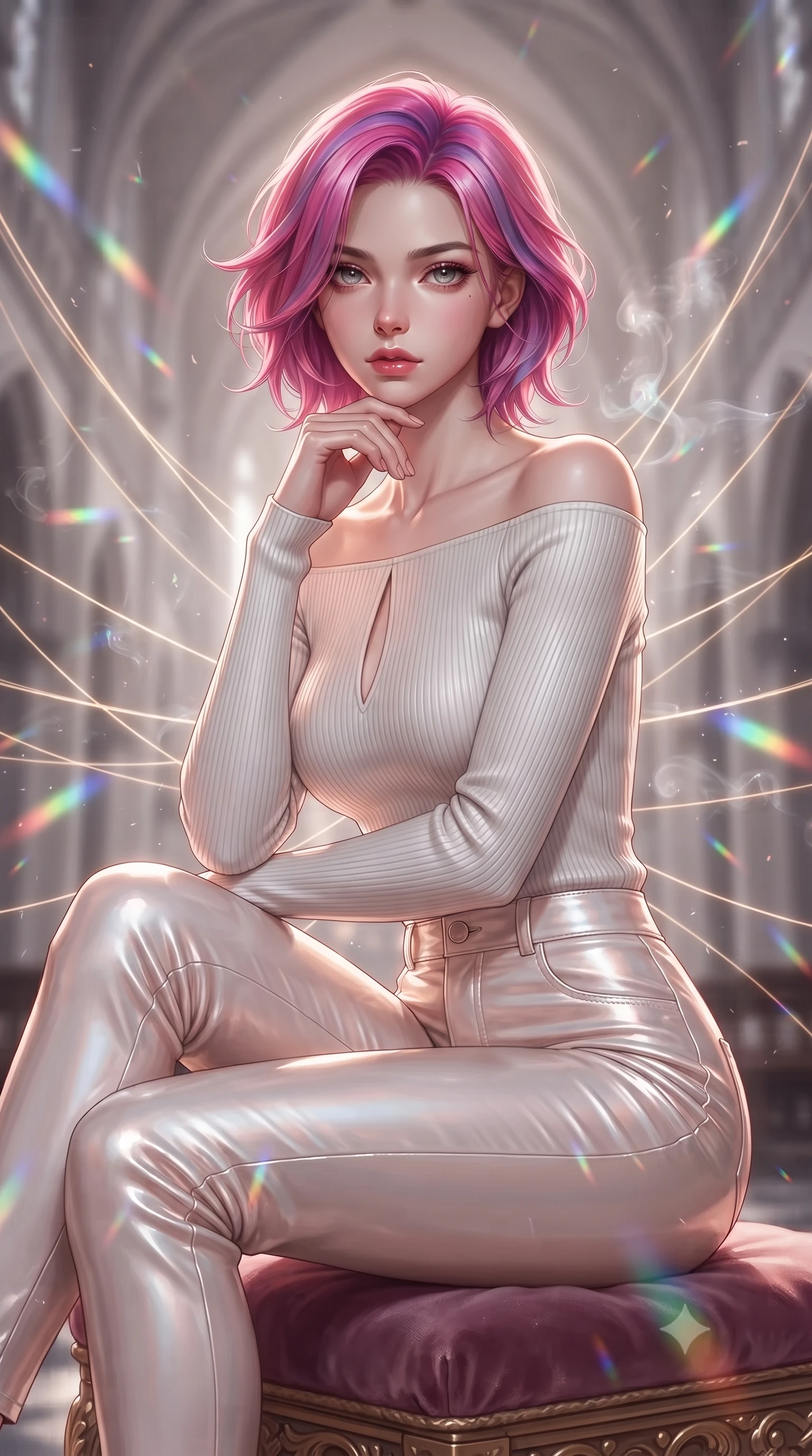 score_9, masterpiece, best quality, ultra-detailed, high-budget anime keyframe, editorial fashion photography, tasteful artistic composition, Caucasian woman. close-up cowboy shot from the waist and thighs up, the character dominates the composition, filling the frame with her large presence, background elements kept in soft focus. Resting her chin on the backs of her fingers, casting a sharp, mysterious gaze guiding glowing choir light threads weaving through majestic vaulted arches, floating glass dust and incense smoke scattering colorful light beams. She has an exceptionally elegant, slender, and willowy female figure with an ultra-slim waist, a gracefully sculpted slender torso, and a refined silhouette. sharp v-shaped jawline, high-bridge nose, intricate jewel-like eyes with depth, thick eyelashes, glossy lips with a natural sheen. wearing a sleek off-shoulder ribbed knit top paired with high-waist tailored pants in pearl white and rose gold, tailored from high-gloss patent leather, accented with a Tasteful chest slit framing her clavicle gracefully, the tailored fabric tightly following every curve of her athletic build. surrounded by a glowing divine aura of sunbeams and incense radiance. ultra-reflective glossy finish, specular highlights, metallic sheen, high-contrast stereoscopic depth, volumetric dynamic lighting, 2k, ultra detail, master piece, 9:16 ratio