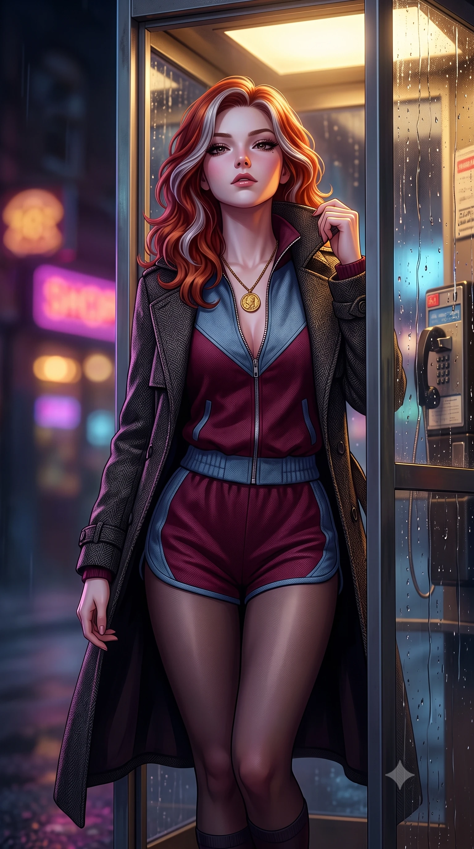 score_9, masterpiece, best quality, ultra-detailed, high-budget anime keyframe, semi-realistic 3D game render, editorial fashion photography, tasteful artistic composition, Caucasian woman. close-up cowboy shot from the waist and thighs up, the character dominates the composition, filling the frame with her large presence. tilting her chin up with proud, sovereign confidence while gazing directly into the lens with thick, dark eyelashes while stepping out of the retro phone booth into the misty night street, pulling her trench coat collar up with effortless cool. The composition keeps background elements in soft focus with creamy bokeh. streaming glass raindrop streaks and distant neon shop signs blurred into dreamy magenta, amber, and deep blue bokeh. She has an exceptionally elegant, slender, and willowy female figure with an ultra-slim waist, a gracefully sculpted slender torso, toned flat midriff, and a refined slim silhouette. sharp v-shaped jawline, high-bridge nose, intricate jewel-like eyes with depth, thick eyelashes, glossy lips with a natural sheen, captivating and magnetic expression, flawlessly proportioned anatomical accuracy, strict slender model proportions, natural body alignment, perfectly sculpted long slender limbs, ultra-slim waistline, clean dynamic posture without body distortion. wearing a sporty 80s retro track jacket paired with high-waisted dolphin running shorts and tube socks in rich wine burgundy and faded vintage blue, tailored from fine British wool tweed and comfortable stretch cotton, accented with a vintage gold coin pendant necklace and dark sheer tights, the sleek tailored cut tightly hugging her graceful clavicle, narrow waist, and feminine curves with statuesque precision. bathed in cozy yellow interior phone booth lamp light contrasting with cool neon street reflections outside. highly saturated vibrant anime colors, detailed shading with soft gradients, rich glossy textures, high-contrast stereoscopic depth, volumetric dynamic lighting, master piece, 9:16 ratio