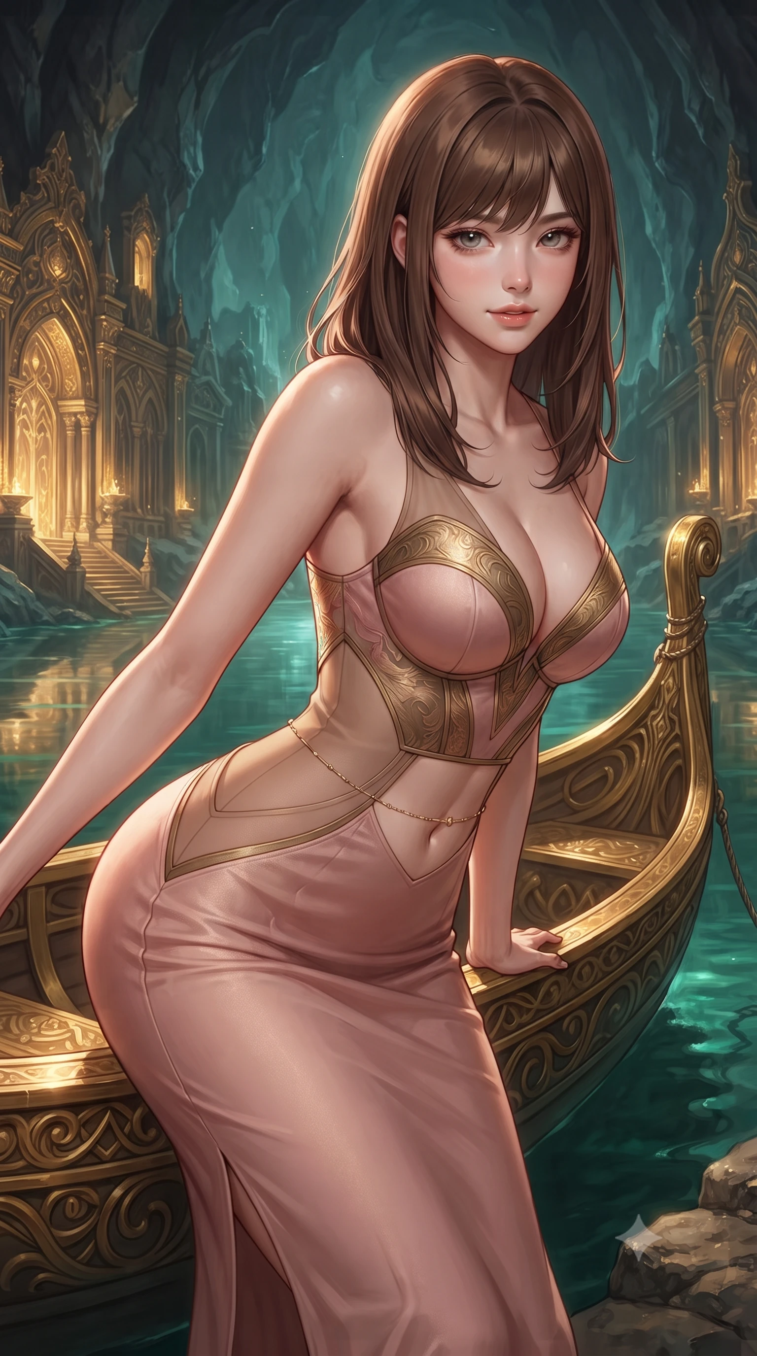 score_9, masterpiece, best quality, ultra-detailed, high-budget anime keyframe, editorial fashion photography, tasteful artistic composition, Korean woman. close-up cowboy shot from the waist and thighs up, the character dominates the composition, filling the frame with her large presence. leaning forward while arching her lower back to accentuate her curvy hips, looking into the camera with an intoxicating smoldering gaze and bedroom-eyes while leaning against the ornate gilded golden shell boat with hips cocked back, looking across emerald underground waters with intoxicating bedroom-eyes. The surrounding environment is rendered in vivid detail and crisp panoramic clarity: detailed outfit silhouette, sheer cling or tailored lines, and fantasy royal architecture in razor-sharp precision. She has an exceptionally elegant, slender, and willowy female figure with an ultra-slim waist, flat toned midriff, narrow ribcage, and sculpted feminine hips creating an alluring, slim hourglass silhouette without bulk. sharp v-shaped jawline, high-bridge nose, intricate jewel-like sparkling eyes with depth, thick eyelashes, glossy parted lips with a natural peach sheen, bright cheerful beaming smile with an enchanting and coquettish sensual glint, exuding both youthful cute charm and seductive allure, flawlessly proportioned anatomical accuracy, strict slender model proportions, natural body alignment, perfectly sculpted long slender limbs, ultra-slim waistline, clean dynamic posture without body distortion. wearing an alluring plunging sweetheart bustier dress with sheer mesh side-waist cutouts contouring her ribs in rose-quartz blush and antique burnished brass, featuring strategic sheer-illusion tulle side panels framing her ribcage and hips, accented with a dainty gold belly chain resting across her flat midriff and curving hips, the second-skin tailored fabric adhering flawlessly to her sculpted flat midriff and slender torso, emphasizing her long leg lines and perfectly proportioned willowy build. illuminated by underground lake reflection bounce and sharp gold-cyan dual rim lights defining her dewy collarbones, ultra-slim waist, and curvy hips. ultra-reflective glossy finish, specular highlights, rich textural contrasts, high-contrast stereoscopic depth, volumetric dynamic lighting, 2k, ultra detail, master piece, 9:16 ratio