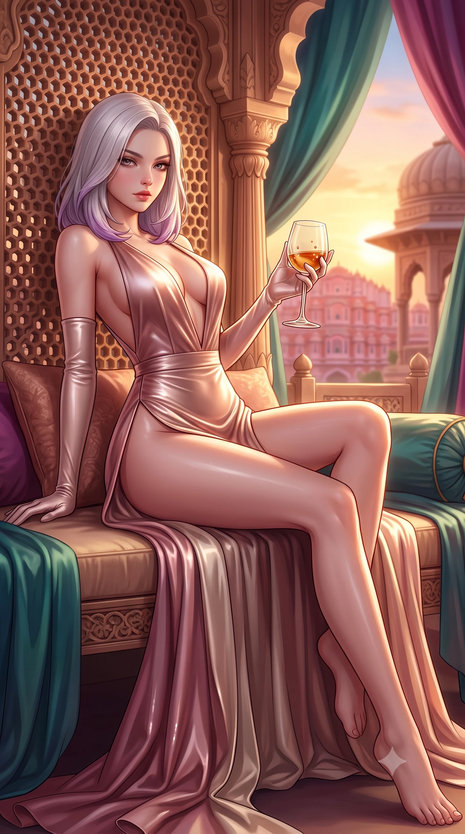 score_9, masterpiece, best quality, ultra-detailed, high-budget anime keyframe, semi-realistic 3D game render, editorial fashion photography, tasteful artistic composition, Caucasian woman. low angle full-body shot from head to toe showing her feet, filling the entire 9:16 vertical frame with her statuesque presence, stretching her vertical silhouette. reclining on her side in an elegant Cleopatra pose with one knee drawn up, the dramatic contour of her rounded hips and long slender legs commanding the 9:16 vertical frame while leaning back against the carved sandstone honeycomb screen with hips cocked, casting an enigmatic, sultry bedroom-gaze over the royal Pink City. The composition keeps background elements in soft focus with creamy bokeh. billowing jewel-toned silk drapes and carved stone cupolas softened in exotic royal Indian shallow focus. She has an exceptionally tall and slender model-like 8.5-heads proportion, an ultra-slim waist, a flat toned midriff, narrow delicate ribcage, and beautifully sculpted feminine hips creating a graceful, slim hourglass silhouette without any bulky heaviness, with impossibly long slender legs. sharp v-shaped jawline, high-bridge nose, intricate jewel-like eyes with depth, thick eyelashes, glossy parted lips with a natural sheen, intensely captivating and seductive bedroom-eyes expression, flawlessly proportioned anatomical accuracy, strict slender model proportions, natural body alignment, perfectly sculpted long slender limbs, ultra-slim waistline, clean dynamic posture without body distortion. wearing a plunging-V neckline duchess satin gown with high side slits ascending to the high hip in dusky blush rose and champagne shimmer, tailored from second-skin aerodynamic stretch vinyl with specular wet sheen, accessorized with opera-length satin gloves and a vintage crystal glass, the liquid-tight tailored fabric clinging flawlessly to her narrow waist and rounded feminine hips, emphasizing every millimeter of her sculpted slim hourglass curves without any bulky heaviness. bathed in rich golden hour Rajasthani sunset backlighting and warm pink sandstone wall bounce fill. highly saturated vibrant anime colors, detailed shading with soft gradients, rich glossy textures, high-contrast stereoscopic depth, volumetric dynamic lighting, master piece, 9:16 ratio