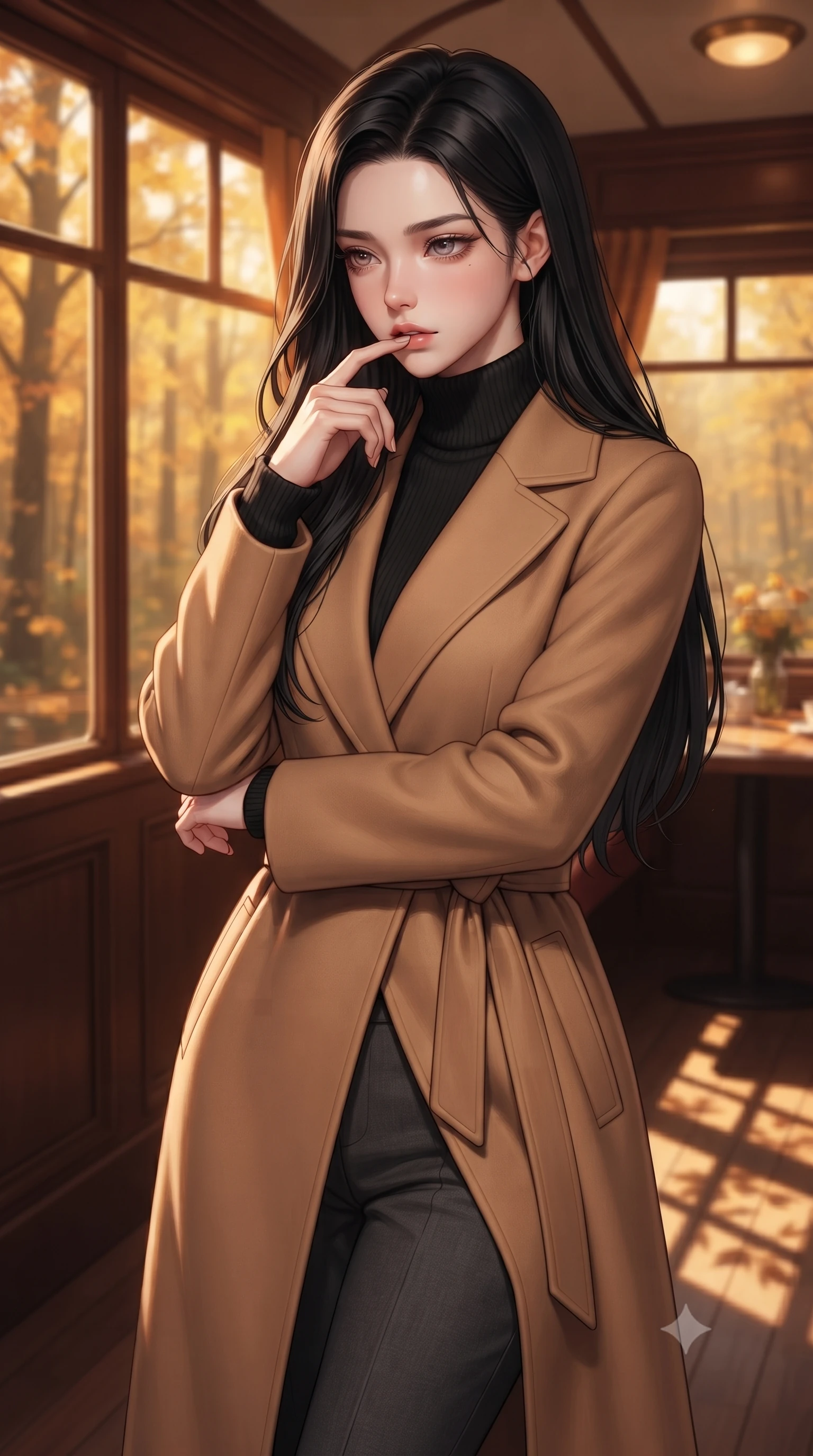 score_9, masterpiece, best quality, ultra-detailed, high-budget anime keyframe, editorial fashion photography, tasteful artistic composition, Korean woman. close-up cowboy shot from the waist and thighs up, the character dominates the composition, filling the frame with her large presence, background elements kept in soft focus. pressing one finger to her bottom lip in a thoughtful, seductive gesture under the warm sun the background shows a soft-focus a train cabin corner during autumn, looking at golden forests in soft focus. She has an exceptionally elegant, slender, and willowy female figure with an ultra-slim waist, a gracefully sculpted slender torso, and a refined silhouette. sharp v-shaped jawline, high-bridge nose, intricate jewel-like eyes with depth, thick eyelashes, glossy lips with a natural sheen. wearing a form-contouring warm camel-colored wrap coat over a black turtleneck sweater and charcoal slacks. warm late afternoon sunrays casting long wooden frame shadows on the floor. ultra-reflective glossy finish, specular highlights, metallic sheen, high-contrast stereoscopic depth, volumetric dynamic lighting, 2k, ultra detail, master piece, 9:16 ratio