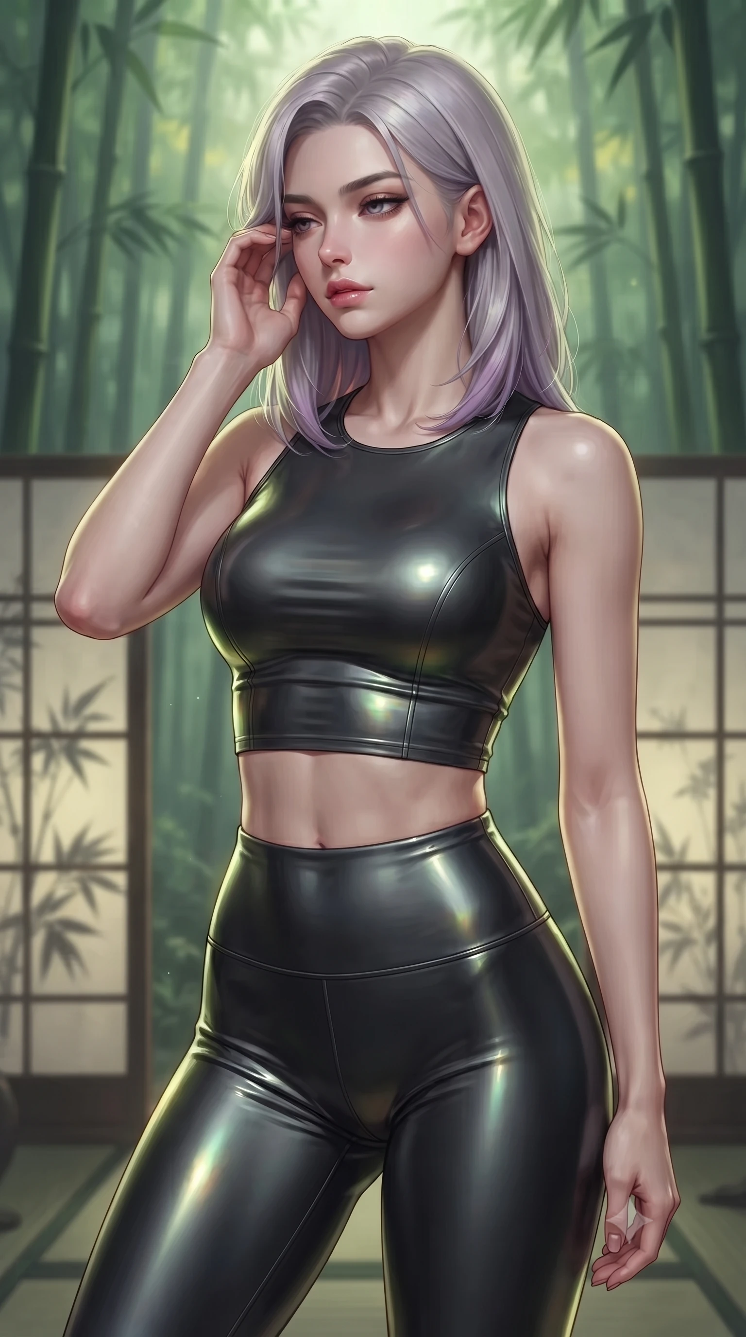 score_9, masterpiece, best quality, ultra-detailed, high-budget anime keyframe, editorial fashion photography, tasteful artistic composition, Caucasian woman. close-up cowboy shot from the waist and thighs up, the character dominates the composition, filling the frame with her large presence, background elements kept in soft focus. gently touching the side of her temple, casting a heavy-lidded, sultry look past the camera, the background shows a soft-focus a bamboo forest temple with paper partitions showing plant silhouettes. She has an exceptionally elegant, slender, and willowy female figure with an ultra-slim waist, a gracefully sculpted slender torso, and a refined silhouette. sharp v-shaped jawline, high-bridge nose, intricate jewel-like eyes with depth, thick eyelashes, glossy lips with a natural sheen. wearing a body-hugging form-fitting athletic crop top and matching high-waisted compression leggings in sleek carbon-black tech fabric. soft green and yellow digital plant light wrapping her form in an organic glow. ultra-reflective glossy finish, specular highlights, metallic sheen, high-contrast stereoscopic depth, volumetric dynamic lighting, 2k, ultra detail, master piece, 9:16 ratio