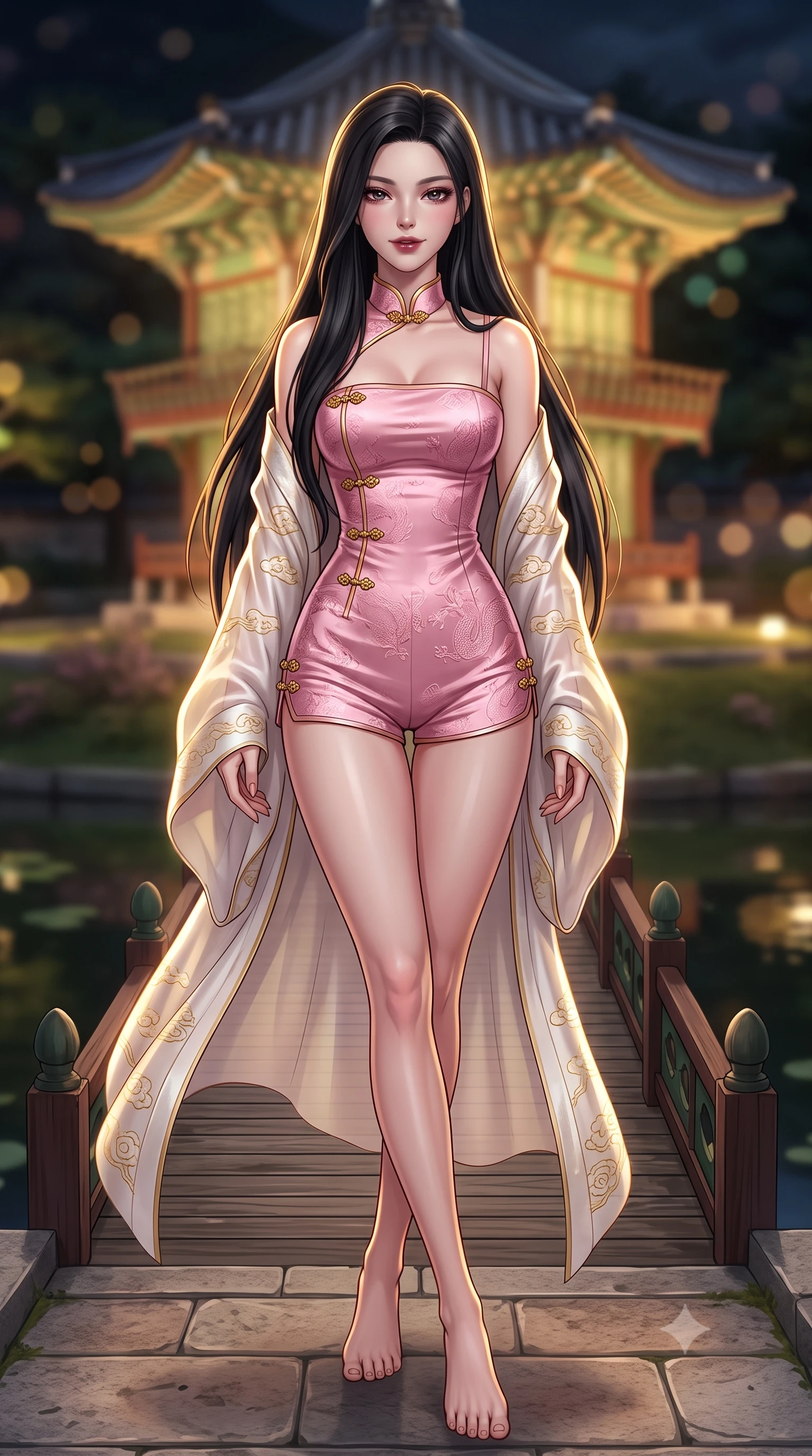 score_9, masterpiece, best quality, ultra-detailed, high-budget anime keyframe, semi-realistic 3D game render, editorial fashion photography, tasteful artistic composition, Korean woman. low angle full-body shot from head to toe showing her feet, filling the entire 9:16 vertical frame with her statuesque presence, stretching her vertical silhouette. sitting perched on the elevated pavilion terrace edge with legs crossed and hips angled toward the camera, displaying her toned midriff and long slender limbs with joyful, coquettish charm while pausing mid-stride on the graceful wooden bridge connecting to the hexagonal pavilion island, arching her spine with sovereign queenly grace. The background shows a soft-focus the two-story hexagonal Hyangwonjeong pavilion illuminated in warm gold across still pond waters blurred into gold, jade, and dark obsidian bokeh. She has an absolutely perfect, statuesque 8.5-heads proportion, an exceptionally tall and slender model-like female figure with impossibly long slender legs, an ultra-slim waist, a flat toned midriff, narrow delicate ribcage, and beautifully sculpted feminine hips creating a graceful, slim hourglass silhouette without any bulky heaviness. sharp v-shaped jawline, high-bridge nose, intricate jewel-like dark sparkling almond eyes with depth, thick lashes, glossy parted lips with a natural rose-plum sheen, bright alluring and coquettish smile with bedroom-eyes, exuding both timeless oriental elegance and sovereign high-fashion allure, flawlessly proportioned anatomical accuracy, strict slender model proportions, natural body alignment, perfectly sculpted long slender limbs, ultra-slim waistline, clean dynamic posture without body distortion. wearing a sheer gossamer silk robe draped casually off bare shoulders over a form-fitting strappy satin bandeau and micro-shorts in soft cherry blossom pink and pearlescent ivory, made of rich jacquard silk with intricate embossed dragon and cloud motifs, accented with intricate gold frog buttons and a delicate mandarin collar, the liquid-tight tailored silk fabric clinging flawlessly to her narrow waist and rounded feminine hips, emphasizing every millimeter of her sculpted slim hourglass curves without any bulky heaviness. illuminated by full moon celestial rays and sharp warm-gold rim lights defining her sculpted collarbones, ultra-slim waist, and curvy hips. highly saturated vibrant anime colors, detailed shading with soft gradients, rich glossy textures, high-contrast stereoscopic depth, volumetric dynamic lighting, master piece, 9:16 ratio