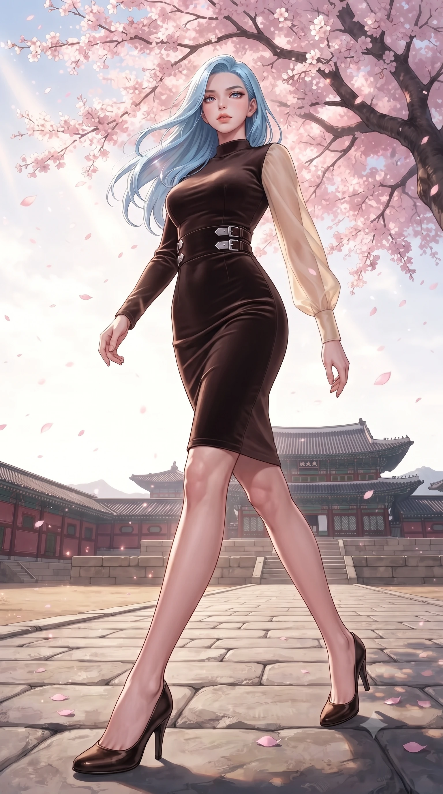 score_9, masterpiece, best quality, ultra-detailed, high-budget anime keyframe, editorial fashion photography, tasteful artistic composition, Korean woman. low angle full-body shot from head to toe showing her feet, filling the entire 9:16 vertical frame with her statuesque presence, stretching her vertical silhouette. stepping forward with proud posture, filling the vertical frame with her magnetic presence resting against a courtyard cherry blossom tree as pink petals rain softly around her, soft evening breeze swaying her long hair gracefully against the skyline. She has an absolutely perfect, statuesque 8.5-heads proportion, an exceptionally tall and slender model-like female figure with impossibly long slender legs and an ultra-slim waist. sharp v-shaped jawline, high-bridge nose, intricate jewel-like eyes with depth, thick eyelashes, glossy lips with a natural sheen. wearing a sleek bodycon knit dress with sheer organza sleeve panels in espresso brown and warm cream, made of premium stretch velvet with a rich sheen, detailed with polished silver buckles along the waistline, the glove-like fit emphasizing her statuesque silhouette. illuminated by soft glowing evening sunbeams filtering through sakura branches. ultra-reflective glossy finish, specular highlights, metallic sheen, high-contrast stereoscopic depth, volumetric dynamic lighting, 2k, ultra detail, master piece, 9:16 ratio