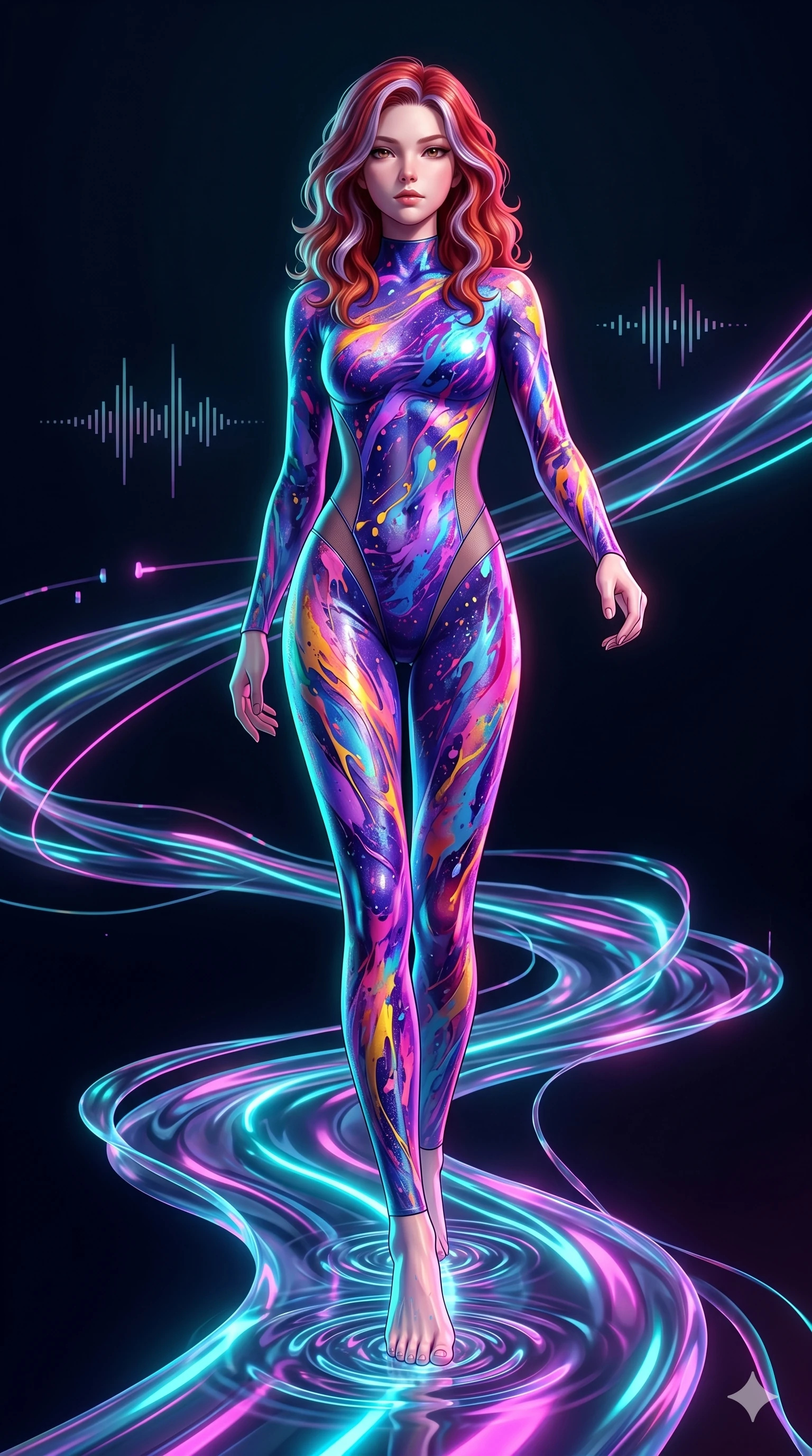 score_9, masterpiece, best quality, ultra-detailed, high-budget anime keyframe, Caucasian woman, strictly human ears. low angle full-body shot filling the entire 9:16 frame with her statuesque presence, stretching the vertical silhouette. stepping on holographic fluid ribbons of sound that ripple with cyan and magenta light in a dark virtual void. She has an absolutely perfect 8-heads proportion, an exceptionally tall and slender female figure with impossibly long slender legs and an ultra-slim waist. V-shaped jawline, high-bridge nose, intricate jewel-like eyes with depth, thick eyelashes, glossy lips with a natural sheen.. wearing a liquid acrylic splash bodysuit, featuring a skin-tight bodysuit that looks like vivid fluorescent acrylic paint splattered and dried, with sheer mesh side panels. accented by dynamic color-blocked lighting with high-contrast shadows emphasizing her statuesque height. 2k, ultra detail, master piece, 9:16 ratio