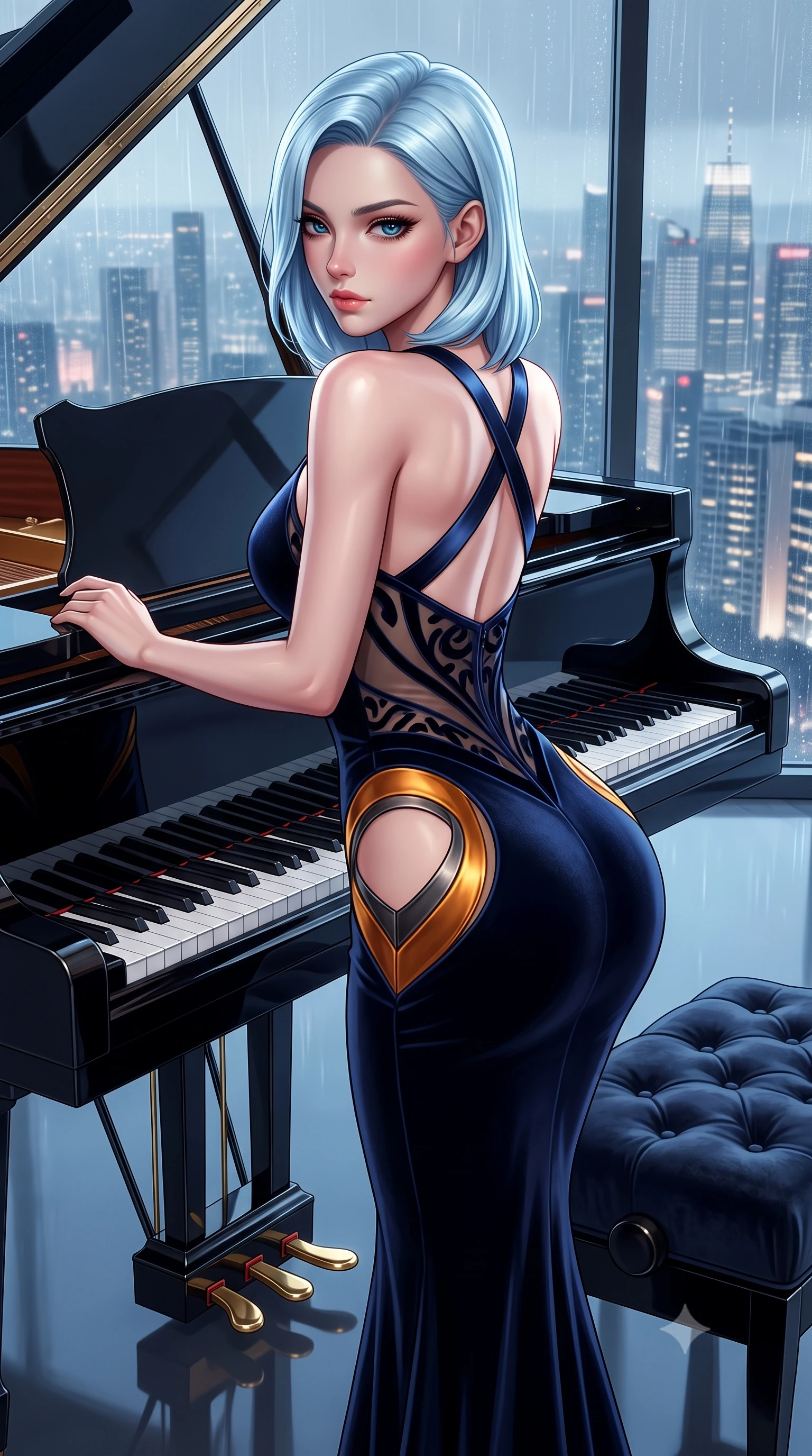 score_9, masterpiece, best quality, ultra-detailed, high-budget anime keyframe, semi-realistic 3D game render, editorial fashion photography, tasteful artistic composition, Korean woman. close-up cowboy shot from the waist and thighs up, the character dominates the composition, filling the frame with her large presence. leaning back with relaxed seductive grace, her sculpted collarbones and narrow waist highlighted as she casts smoldering bedroom-eyes directly into the camera while leaning forward against the sleek curved piano rim with lower back arched, casting an alluring over-the-shoulder bedroom-glance through rain-streaked glass. The surrounding environment is rendered in vivid detail and crisp panoramic clarity. sharp piano lacquer surface reflections, polished brass pedal hardware, and velvet stool tufting in deep focus. She has an exceptionally elegant, slender, and willowy female figure with an ultra-slim waist, a gracefully sculpted slender torso, toned flat midriff, and rounded feminine hips creating an alluring hourglass silhouette. sharp v-shaped jawline, high-bridge nose, intricate jewel-like eyes with depth, thick eyelashes, glossy parted lips with a natural sheen, intensely captivating and seductive bedroom-eyes expression, flawlessly proportioned anatomical accuracy, strict slender model proportions, natural body alignment, perfectly sculpted long slender limbs, ultra-slim waistline, clean dynamic posture without body distortion. wearing a form-contouring midnight velvet mermaid gown with curved architectural hip cutouts in molten amber-gold and dark gunmetal, made of sheer contouring power-mesh with velvet flocking patterns, finished with criss-cross back satin straps highlighting her graceful shoulder blades, the liquid-tight tailored fabric clinging flawlessly to her narrow waist and rounded feminine hips, emphasizing every millimeter of her sculpted hourglass curves during movement. illuminated by sleek metallic reflections sculpting her sculpted collarbones, ultra-slim waist, and curvy hips. highly saturated vibrant anime colors, detailed shading with soft gradients, rich glossy textures, high-contrast stereoscopic depth, volumetric dynamic lighting, master piece, 9:16 ratio