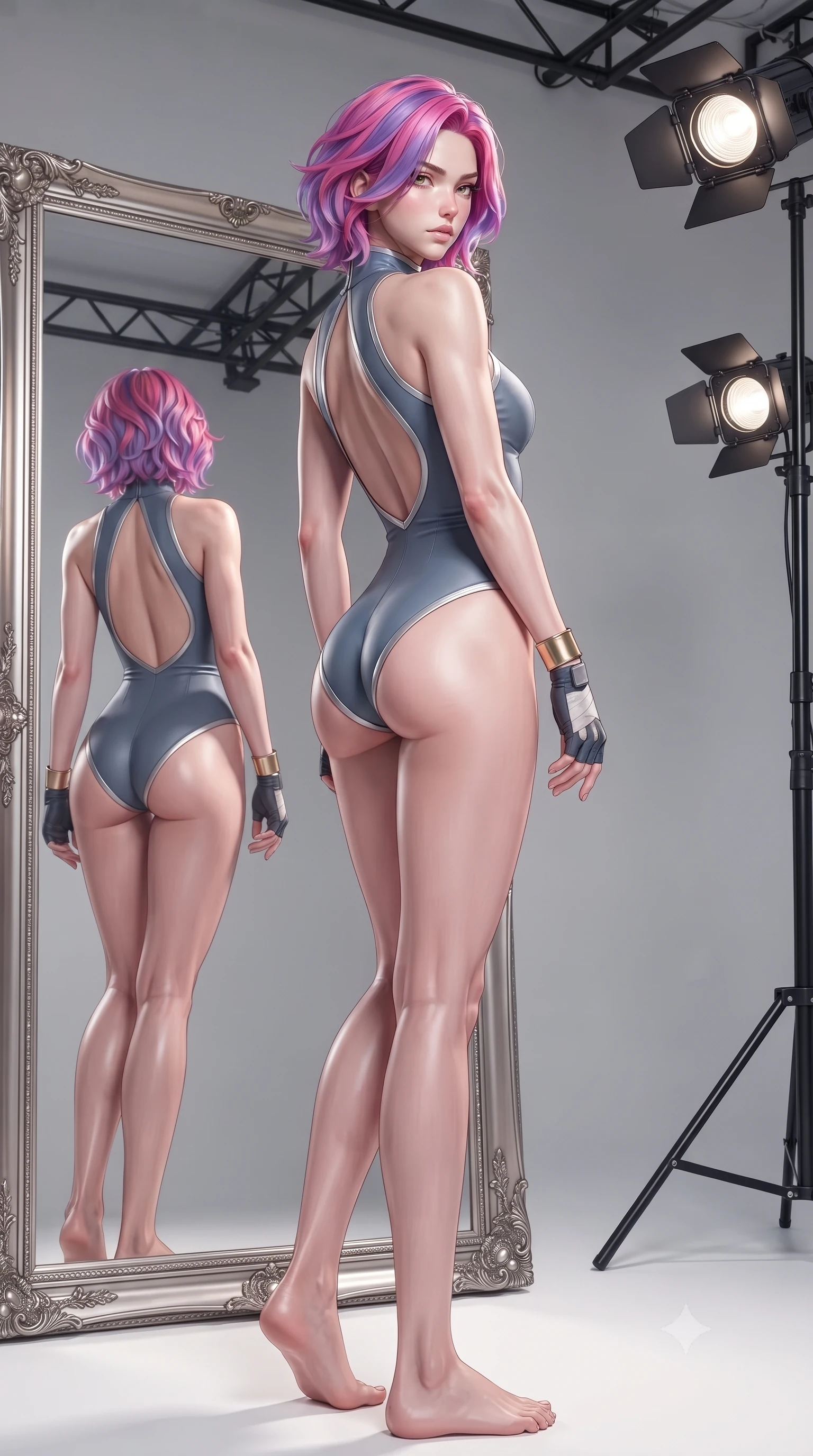 score_9, masterpiece, best quality, ultra-detailed, high-budget anime keyframe, editorial fashion photography, tasteful artistic composition, Caucasian woman. low angle full-body shot from head to toe showing her feet, filling the entire 9:16 vertical frame with her statuesque presence, stretching her vertical silhouette. posing with back turned slightly to the lens, glancing back with smoldering allure as she arches her lower back to emphasize her sculpted feminine hips and slender waist while standing with her back to the floor-to-ceiling mirror, looking over her bare shoulder with hips cocked dramatically in an alluring high-fashion stance. The surrounding environment is rendered in vivid detail and crisp panoramic clarity. detailed muscle definition, fabric stretch tension lines, and studio spotlight fixtures in high clarity. She has an absolutely perfect, statuesque 8.5-heads proportion, an exceptionally tall and slender model-like female figure with impossibly long slender legs, a toned flat midriff, an ultra-slim waist, and beautifully sculpted feminine hips. sharp v-shaped jawline, high-bridge nose, intricate jewel-like eyes with depth, thick eyelashes, glossy parted lips with a natural sheen, intensely captivating and seductive bedroom-eyes expression, flawlessly proportioned anatomical accuracy, strict slender model proportions, natural body alignment, perfectly sculpted long slender limbs, ultra-slim waistline, clean dynamic posture without body distortion. wearing a high-neck dance leotard with keyhole chest cutout and low-cut backline in slate blue and metallic silver trim, made of seamless compression knit with anatomical body-contouring support, accessorized with fingerless athletic wrap gloves and minimalist gold cuffs, the form-contouring material adhering flawlessly to her sculpted flat midriff and slender torso, emphasizing her long leg lines and perfectly proportioned willowy build. illuminated by crisp specular rim lights accentuating her narrow waist, curved hips, and long legs. ultra-reflective glossy finish, specular highlights, rich textural contrasts, high-contrast stereoscopic depth, volumetric dynamic lighting, 2k, ultra detail, master piece, 9:16 ratio