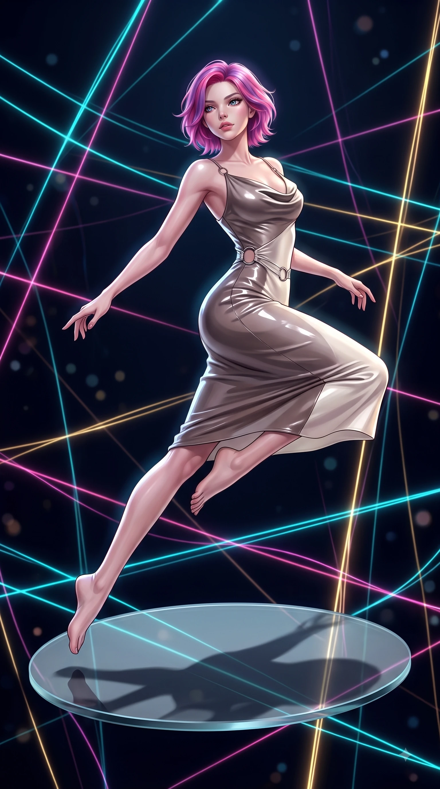 score_9, masterpiece, best quality, ultra-detailed, high-budget anime keyframe, editorial fashion photography, tasteful artistic composition, Caucasian woman. low angle full-body shot from head to toe showing her feet, filling the entire 9:16 vertical frame with her statuesque presence, stretching her vertical silhouette. leaping gracefully through mid-air with statuesque elegance, her impossibly long slender legs stretched in perfect balance while pivoting her torso in an S-curve alignment on a floating glass disk inside a light matrix, fluorescent cyan, magenta, and gold light threads crossing in 3D space. She has an absolutely perfect, statuesque 8.5-heads proportion, an exceptionally tall and slender model-like female figure with impossibly long slender legs and an ultra-slim waist. sharp v-shaped jawline, high-bridge nose, intricate jewel-like eyes with depth, thick eyelashes, glossy lips with a natural sheen, flawlessly proportioned anatomical accuracy, natural body alignment, perfectly sculpted elegant limbs, clean dynamic posture without body distortion. wearing an elegant cowl-neck satin midi dress with a graceful draped neckline in muted taupe and soft ivory, tailored from high-gloss patent leather, accented with delicate chrome ring hardware framing her waist, the sleek second-skin texture accentuating her magnetic presence. illuminated by the brilliant glow of cyan and gold luminescent plasma threads. ultra-reflective glossy finish, specular highlights, metallic sheen, high-contrast stereoscopic depth, volumetric dynamic lighting, 2k, ultra detail, master piece, 9:16 ratio