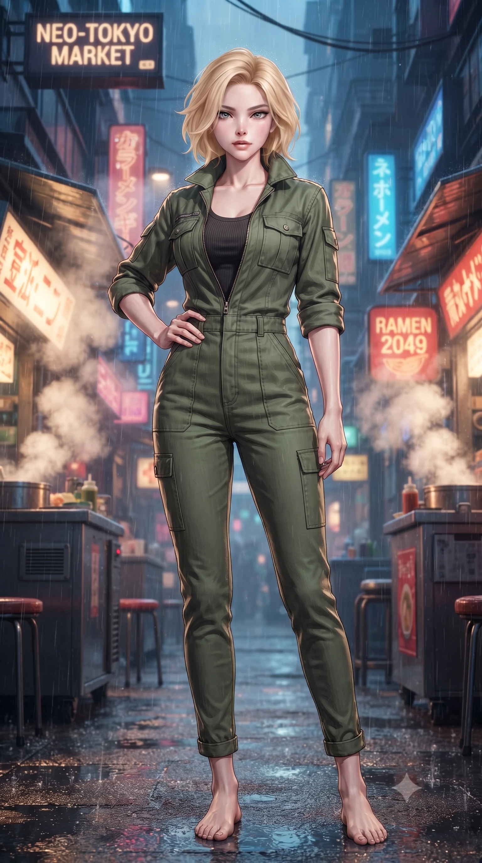 score_9, masterpiece, best quality, ultra-detailed, high-budget anime keyframe, editorial fashion photography, tasteful artistic composition, Caucasian woman. low angle full-body shot from head to toe showing her feet, filling the entire 9:16 vertical frame with her statuesque presence, stretching her vertical silhouette. posing confidently with one hand on her hip, stretching her statuesque body to emphasize her curves the background shows a soft-focus a rain-drenched cybernetic street market with glowing stall signs and steamy vents. She has an absolutely perfect, statuesque 8.5-heads proportion, an exceptionally tall and slender model-like female figure with impossibly long slender legs and an ultra-slim waist. sharp v-shaped jawline, high-bridge nose, intricate jewel-like eyes with depth, thick eyelashes, glossy lips with a natural sheen. wearing a slim-fit comfortable olive green cotton utility jumpsuit with a structured collar and rolled-up sleeves. dappled warm steam glow contrasting with deep blue shadow lighting. ultra-reflective glossy finish, specular highlights, metallic sheen, high-contrast stereoscopic depth, volumetric dynamic lighting, 2k, ultra detail, master piece, 9:16 ratio