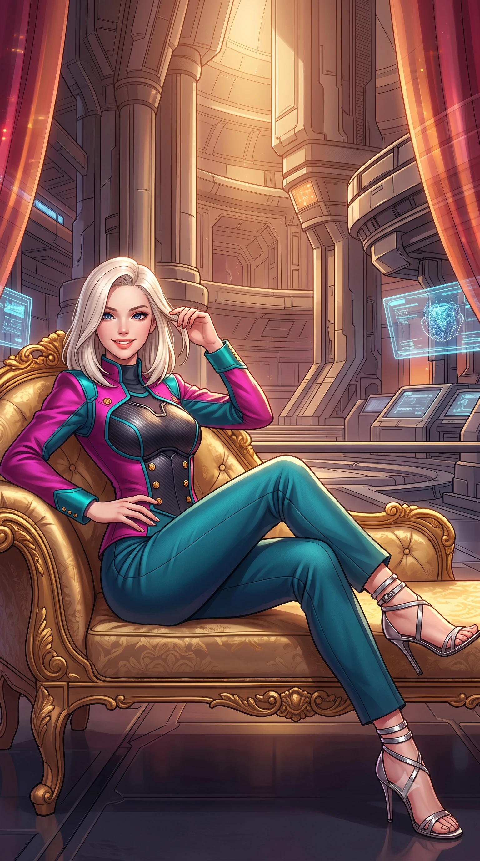 score_9, masterpiece, best quality, ultra-detailed, high-budget anime keyframe, semi-realistic 3D game render, editorial fashion photography, tasteful artistic composition, Caucasian woman. close-up cowboy shot from the waist and thighs up, the character dominates the composition, filling the frame with her large presence. twisting her slender torso in an alluring contrapposto stance, one hand resting on her sculpted hip while her fingers toy with her hair with effortless poise while lounging gracefully across the antique gilded chaise propped on one elbow with legs extended, displaying her long slender limbs and statuesque hourglass silhouette with regal anime flair. The surrounding environment is rendered in vivid detail and crisp panoramic clarity: detailed anime keyframe lines, rich fabric textures, and monumental imperial space architecture in razor-sharp precision. She has an exceptionally elegant, slender, and willowy female figure with an ultra-slim waist, flat toned midriff, narrow ribcage, and sculpted feminine hips creating an alluring, slim hourglass silhouette without bulk. sharp v-shaped jawline, high-bridge nose, intricate jewel-like sparkling eyes with depth, thick eyelashes, glossy parted lips with a natural peach sheen, bright cheerful beaming smile with an enchanting and coquettish sensual glint, exuding both youthful cute charm and seductive allure, flawlessly proportioned anatomical accuracy, strict slender model proportions, natural body alignment, perfectly sculpted long slender limbs, ultra-slim waistline, clean dynamic posture without body distortion. wearing a structured cyber-infantry dress uniform jacket with carbon-fiber chest plating and brass buttons over a mock-neck top and tailored wool trousers in Kowloon neon magenta and electric teal, crafted from bespoke double-faced cashmere with an exceptionally soft tactile finish, complemented by strappy stiletto sandals with metallic ankle wraps accentuating her slender calves, the bespoke structured tailoring following the natural line of her 8.5-heads silhouette with refined elegance. bathed in warm 2600K golden spotlight radiance combined with ruby and amber holographic curtain glow. highly saturated vibrant anime colors, detailed shading with soft gradients, rich glossy textures, high-contrast stereoscopic depth, volumetric dynamic lighting, master piece, 9:16 ratio