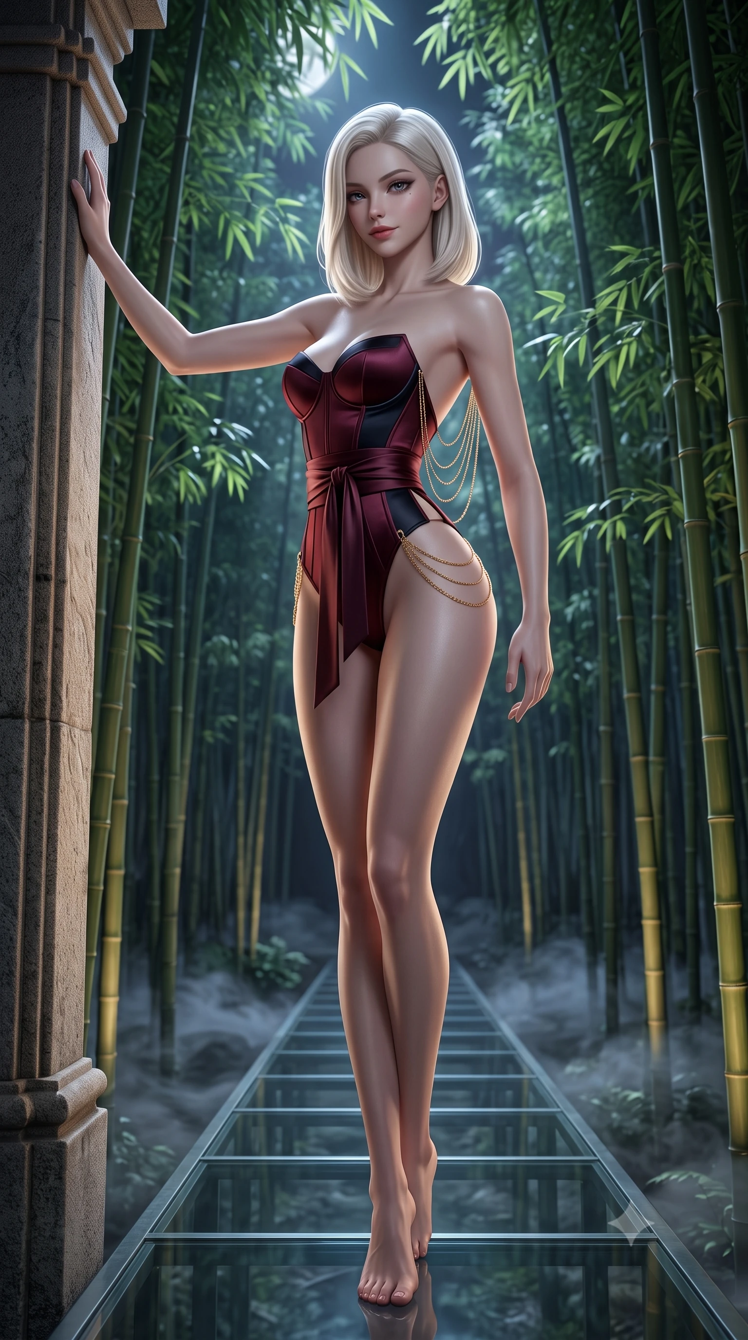 score_9, masterpiece, best quality, ultra-detailed, high-budget anime keyframe, semi-realistic 3D game render, editorial fashion photography, tasteful artistic composition, Caucasian woman. low angle full-body shot from head to toe showing her feet, filling the entire 9:16 vertical frame with her statuesque presence, stretching her vertical silhouette. standing tall beside the architectural column, one hand resting high while arching her lower back to emphasize her sculpted feminine hips and slender waist while paused mid-step on the suspended glass walkway slicing through towering bamboo culms, arching her spine with ethereal siren poise as moonlight filters through green leaves. The background shows a soft-focus swirling night mist on forest floor softened in mystical Japanese garden shallow focus. She has an absolutely perfect, statuesque 8.5-heads proportion, an exceptionally tall and slender model-like female figure with impossibly long slender legs, an ultra-slim waist, a flat toned midriff, narrow delicate ribcage, and beautifully sculpted feminine hips creating a graceful, slim hourglass silhouette without any bulky heaviness. sharp v-shaped jawline, high-bridge nose, sparkling eyes with hypnotic seductive depth, thick curled eyelashes, glossy parted lips with a natural dewy peach sheen, alluring bedroom-eyes with an enchanting coquettish smile, exuding magnetic siren charisma and sophisticated glamour, flawlessly proportioned anatomical accuracy, strict slender model proportions, natural body alignment, perfectly sculpted long slender limbs, ultra-slim waistline, clean dynamic posture without body distortion. wearing a structured boned satin corset bodice with obi-inspired wrap ribbon cinching her ultra-slim waistline in Gion dark cherry and midnight obsidian, crafted from fluid liquid silk satin that clings smoothly to every curve with a dewy sheen, accented with an open-back drape framed by falling strands of delicate gold chains, the precision-cut side openings and low-back scoop framing her graceful spine and the sensual sweep of her slim, toned hips. bathed in soft 2700K warm upward spotlights illuminating the bamboo bases combined with cool silver moonbeams filtering through the canopy. highly saturated vibrant anime colors, detailed shading with soft gradients, rich glossy textures, high-contrast stereoscopic depth, volumetric dynamic lighting, master piece, 9:16 ratio