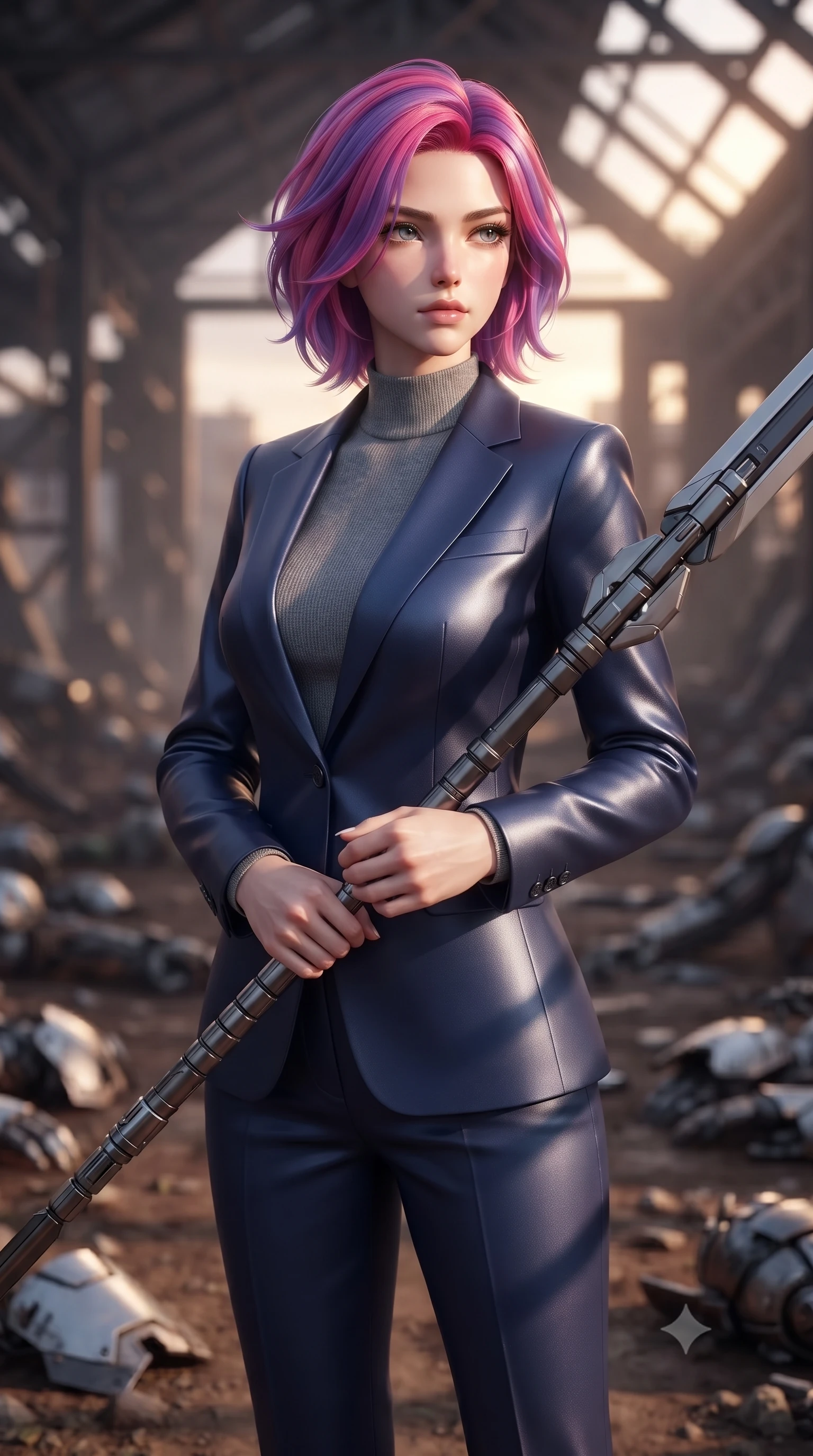 score_9, masterpiece, best quality, ultra-detailed, high-budget anime keyframe, editorial fashion photography, tasteful artistic composition, Caucasian woman. close-up cowboy shot from the waist and thighs up, the character dominates the composition, filling the frame with her large presence, background elements kept in soft focus. holding a deactivated nanotech glaive, looking past the camera with quiet, sharp focus and a composed expression, the background shows a soft-focus a ruined repair hangar with broken armor plates scattered across the soil. She has an exceptionally elegant, slender, and willowy female figure with an ultra-slim waist, a gracefully sculpted slender torso, and a refined silhouette. sharp v-shaped jawline, high-bridge nose, intricate jewel-like eyes with depth, thick eyelashes, glossy lips with a natural sheen. wearing a tailored tailored carbon-fiber reinforced blazer in navy blue, worn closed over a high-neck grey knit top and slacks. dramatic sunset light casting long, geometric metal shadow lines on her form. ultra-reflective glossy finish, specular highlights, metallic sheen, high-contrast stereoscopic depth, volumetric dynamic lighting, 2k, ultra detail, master piece, 9:16 ratio