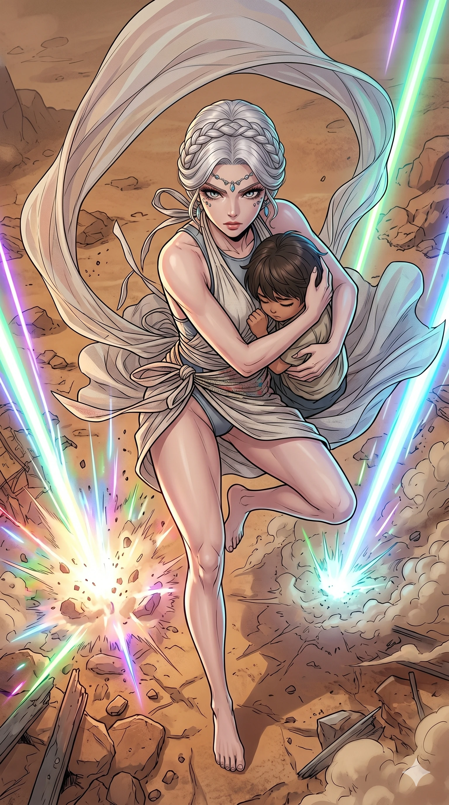score_9, masterpiece, best quality, ultra-detailed, high-budget anime movie keyframe, cinematic anime lighting, intricate line art, Korean anime girl. Extreme high angle shot as she leaps towards the camera, filling the frame. shielding a small child with her own body during a laser strike. She has an well-proportioned figure, an tall and elegant figure with an graceful posture and elegant legs. strictly human anatomy, two legs only, no extra limbs, clearly defined legs and arms, perfect anatomy, perfect hands and fingers. sharp v-shaped jawline, high-bridge nose, intricate jewel-like eyes, thick eyelashes, glossy lips. Wearing Seasonal/Resort: High-cut one-piece with sarong, linen sundress with tie-back, and sheer fabric wrap. The scene is illuminated by dramatic atmospheric lighting and vibrant color palettes. , 2k, ultra detail, master piece, 9:16 ratio