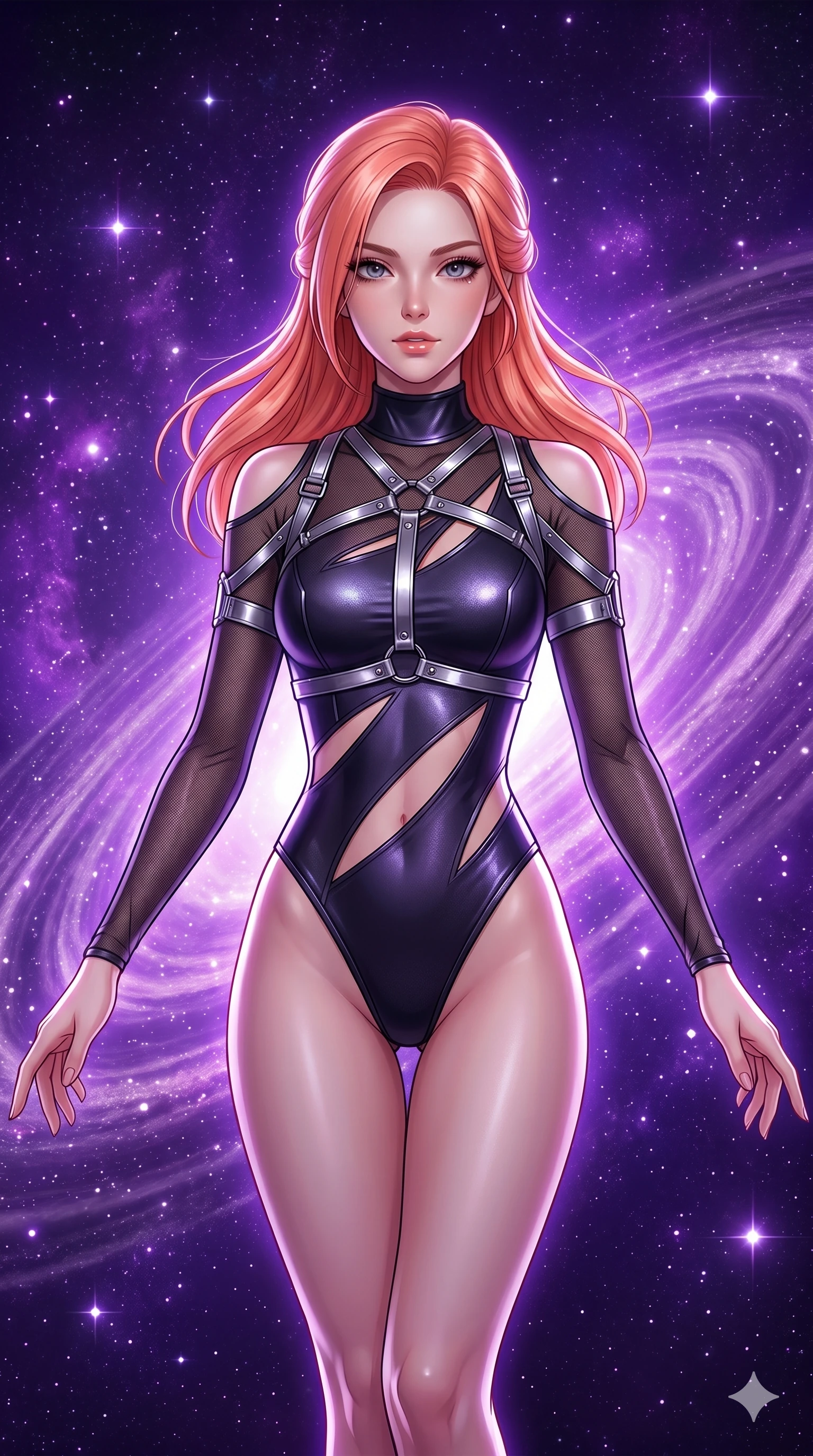 score_9, masterpiece, best quality, ultra-detailed, high-budget anime keyframe, editorial fashion photography, tasteful artistic composition, Japanese woman. Upper body close-up from the thighs up, character filling the screen for maximum presence. She is floating weightlessly inside a brilliant violet galaxy, surrounded by swirling cosmic dust rings. She spreads her arms in a graceful flying pose, looking toward the camera. She has an absolutely perfect 8-heads proportion, an exceptionally tall and slender female figure with impossibly long slender legs and an ultra-slim waist. V-shaped jawline, high-bridge nose, intricate jewel-like eyes with depth, thick eyelashes, glossy lips with a natural sheen. She is wearing an ultra-sleek high-cut tech-bodysuit featuring dangerous diagonal slitted cutouts on the midriff and shoulders, reinforced by a metallic silver harness and sheer mesh sleeves. The scene is bathed in brilliant purple starlight and a sharp white front key light highlighting her details. 2k, ultra detail, master piece, 9:16 ratio