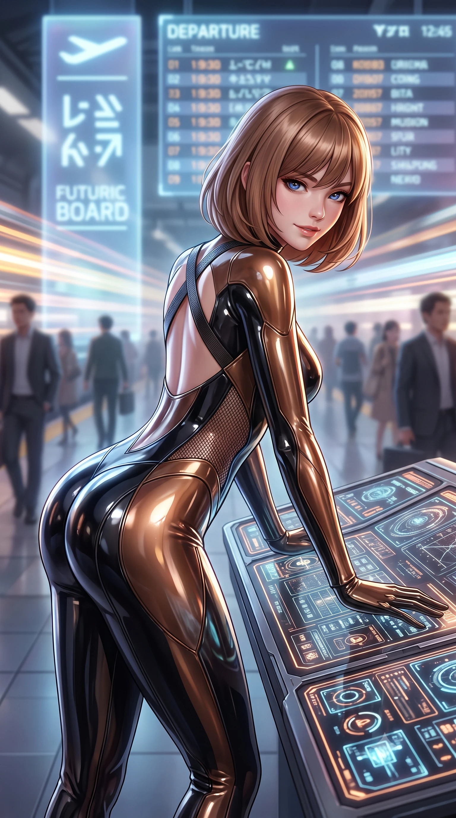 score_9, masterpiece, best quality, ultra-detailed, high-budget anime keyframe, semi-realistic 3D game render, editorial fashion photography, tasteful artistic composition, Caucasian woman. close-up cowboy shot from the waist and thighs up, the character dominates the composition, filling the frame with her large presence. leaning forward over the illuminated command console while arching her lower back to accentuate her curvy hips, looking into the camera with a confident smoldering smile and intense bedroom-eyes while walking dynamically down the illuminated concourse with sovereign grace, her long slender legs and hourglass curves commanding the frame. The background shows a soft-focus towering holographic departure boards and bustling commuters softened in futuristic metropolitan shallow focus. She has an exceptionally elegant, slender, and willowy female figure with an ultra-slim waist, flat toned midriff, narrow ribcage, and sculpted feminine hips creating an alluring, slim hourglass silhouette without bulk. sharp v-shaped jawline, high-bridge nose, intricate jewel-like sparkling eyes with depth, thick eyelashes, glossy parted lips with a natural sheen, bright confident smile with an enchanting and coquettish sensual glint, exuding both youthful magnetic charm and sovereign high-tech allure, flawlessly proportioned anatomical accuracy, strict slender model proportions, natural body alignment, perfectly sculpted long slender limbs, ultra-slim waistline, clean dynamic posture without body distortion. wearing a futuristic cut-out nano-suit with diamond-shaped side-torso mesh insets tracing her slim hourglass curves in burnished bronze alloy and smoked glass black, tailored from ultra-reflective glossy liquid vinyl with mirror-like specular highlights, finished with criss-cross Kevlar tactical straps tracing her graceful shoulder blades, the form-fitting tactical tailoring adhering flawlessly to her sculpted flat midriff and slender torso, emphasizing her long leg lines and perfectly proportioned willowy build. illuminated by passing train light streaks and sharp platinum rim lights defining her sculpted collarbones, ultra-slim waist, and curvy hips. highly saturated vibrant anime colors, detailed shading with soft gradients, rich glossy textures, high-contrast stereoscopic depth, volumetric dynamic lighting, master piece, 9:16 ratio
