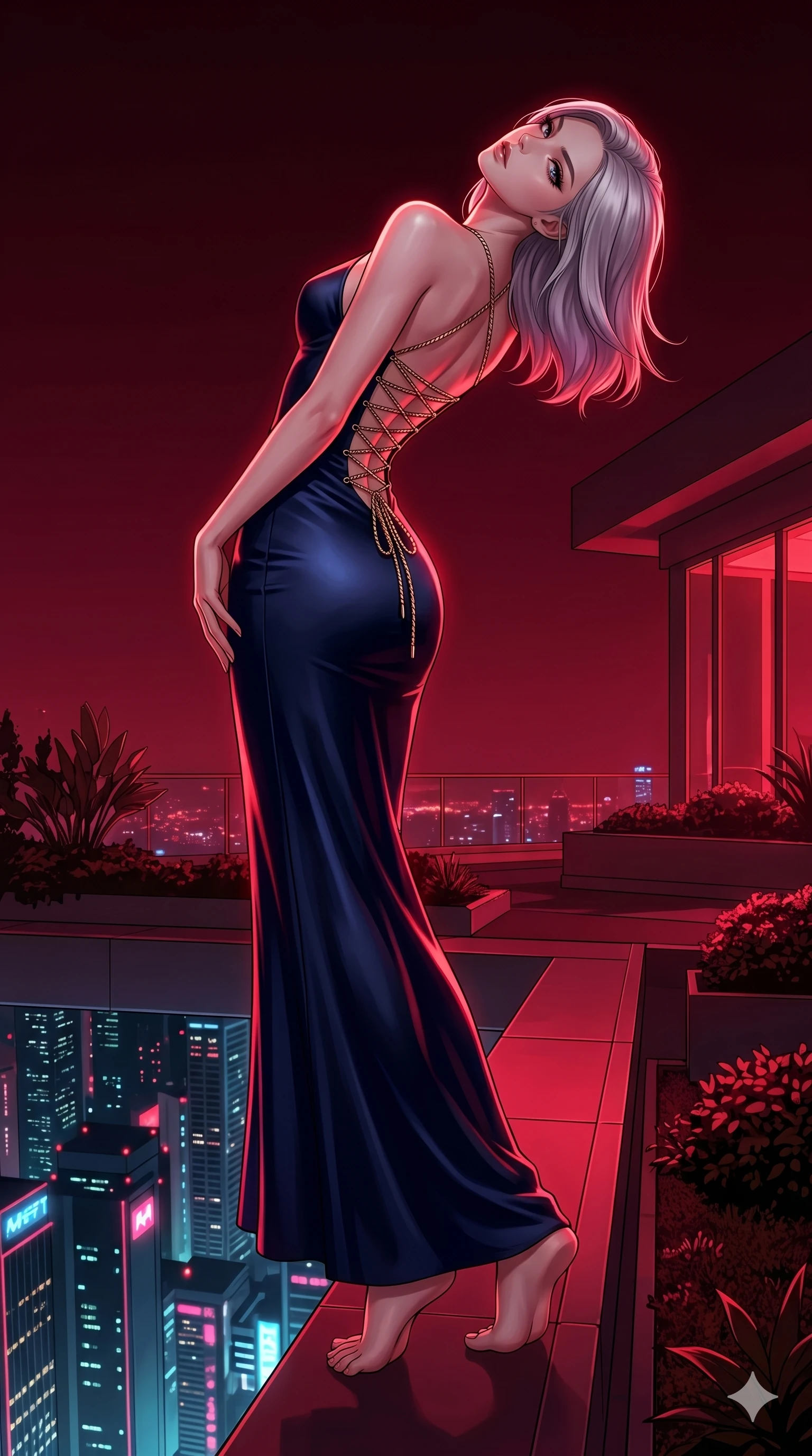 score_9, masterpiece, best quality, ultra-detailed, high-budget anime keyframe, editorial fashion photography, tasteful artistic composition, Caucasian woman, strictly human ears. low angle full-body shot from head to toe showing her feet, filling the entire 9:16 vertical frame with her statuesque presence, stretching her vertical silhouette. Arching her back in a graceful controlled backward pose at the edge of a futuristic rooftop garden overlooking a neon-drenched megalopolis at night. She has an absolutely perfect 8-heads proportion, an exceptionally tall and slender female figure with impossibly long slender legs and an ultra-slim waist. V-shaped jawline, high-bridge nose, intricate jewel-like eyes with depth, thick eyelashes, glossy lips with a natural sheen. wearing a midnight navy satin floor-length gown with a structured front and an elaborate crisscross open-back corset lacing in gold chain, descending in a V to the lower back. drenched in deep crimson theatrical lighting with sharp specular highlights on every curve. 2k, ultra detail, master piece, 9:16 ratio