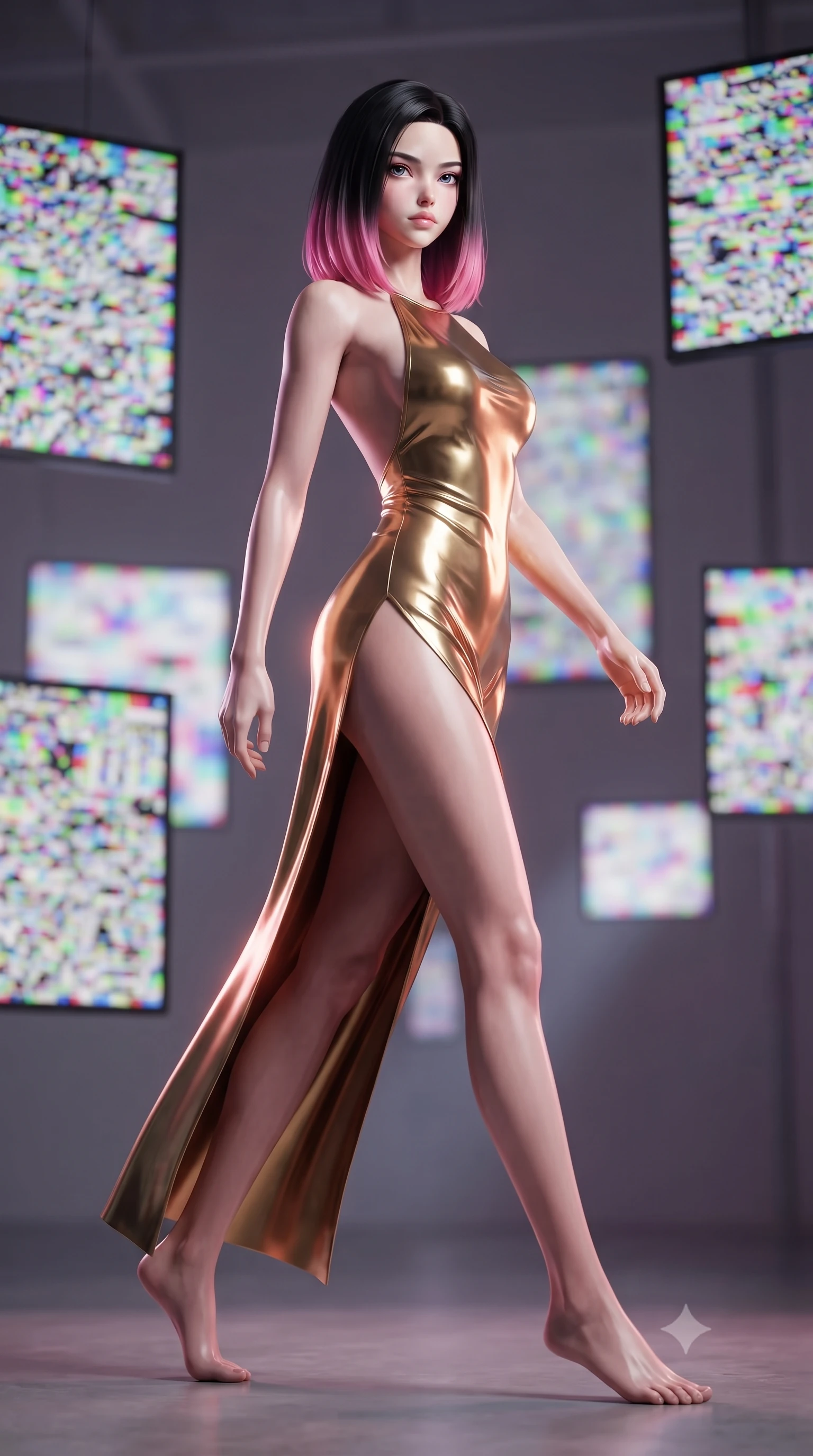 score_9, masterpiece, best quality, ultra-detailed, high-budget anime keyframe, editorial fashion photography, tasteful artistic composition, Korean woman woman. low angle full-body shot from head to toe showing her feet, filling the entire 9:16 vertical frame with her statuesque presence, stretching her vertical silhouette. She has an absolutely perfect, statuesque 8.5-heads proportion, an exceptionally tall and slender model-like female figure with impossibly long slender legs and an ultra-slim waist. stepping gracefully forward in a proud statuesque stride, her body turning in a fluid S-curve silhouette, flawlessly proportioned anatomical accuracy, natural body alignment, perfectly sculpted elegant limbs, clean dynamic posture without body distortion. set against a soft-focus background of a high-end gallery with RGB noise digital canvas displays. wearing a backless metallic gold halter gown with a daring high side slit to mid-thigh. bathed in dynamic shifting RGB neon lights creating dramatic high-contrast rim light. ultra-reflective glossy finish, specular highlights, metallic sheen, high-contrast stereoscopic depth, volumetric dynamic lighting, 2k, ultra detail, master piece, 9:16 ratio