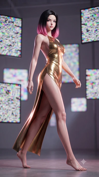score_9, masterpiece, best quality, ultra-detailed, high-budget anime keyframe, editorial fashion photography, tasteful artistic composition, Korean woman woman. low angle full-body shot from head to toe showing her feet, filling the entire 9:16 vert