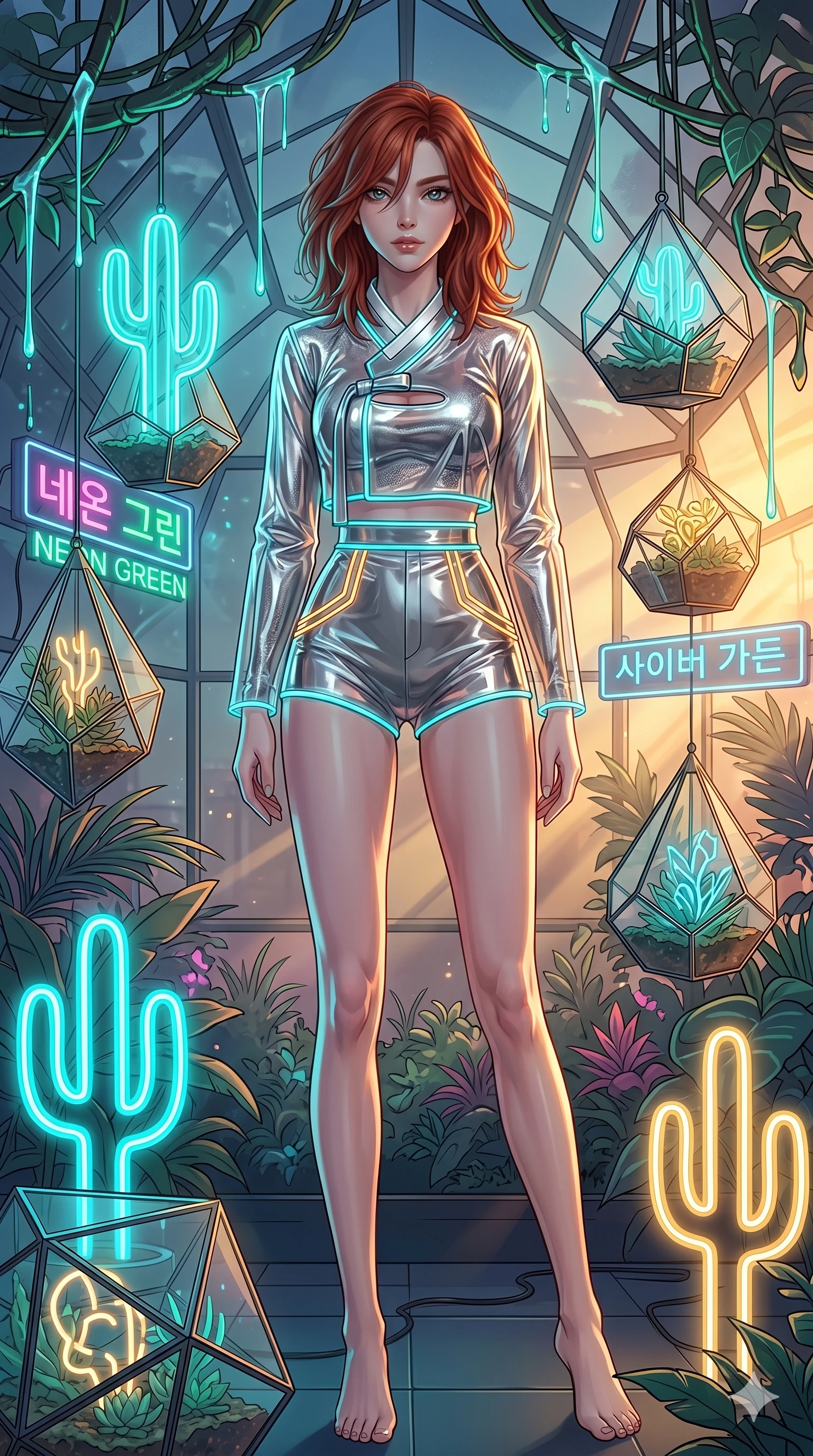 score_9, masterpiece, best quality, ultra-detailed, high-budget anime keyframe, Japanese woman. low angle full-body shot filling the entire 9:16 frame with her statuesque presence, stretching the vertical silhouette. standing in a retro-futuristic synthwave greenhouse where glowing neon cacti and polyhedral glass terrariums float around her, while fluorescent cyber-sap drips from cybernetic vines. She has an absolutely perfect 8-heads proportion, an exceptionally tall and slender female figure with impossibly long slender legs and an ultra-slim waist. V-shaped jawline, high-bridge nose, intricate jewel-like eyes with depth, thick eyelashes, glossy lips with a natural sheen.. wearing a vinyl liquid mercury fusion hanbok, featuring a translucent chrome-silver vinyl jeogori and high-waist micro-shorts, detailed with glowing neon wire trims and a tasteful chest slit. showcasing a beautiful play of light and shadow, with warm golden rays clashing against cool cyan highlights. 2k, ultra detail, master piece, 9:16 ratio