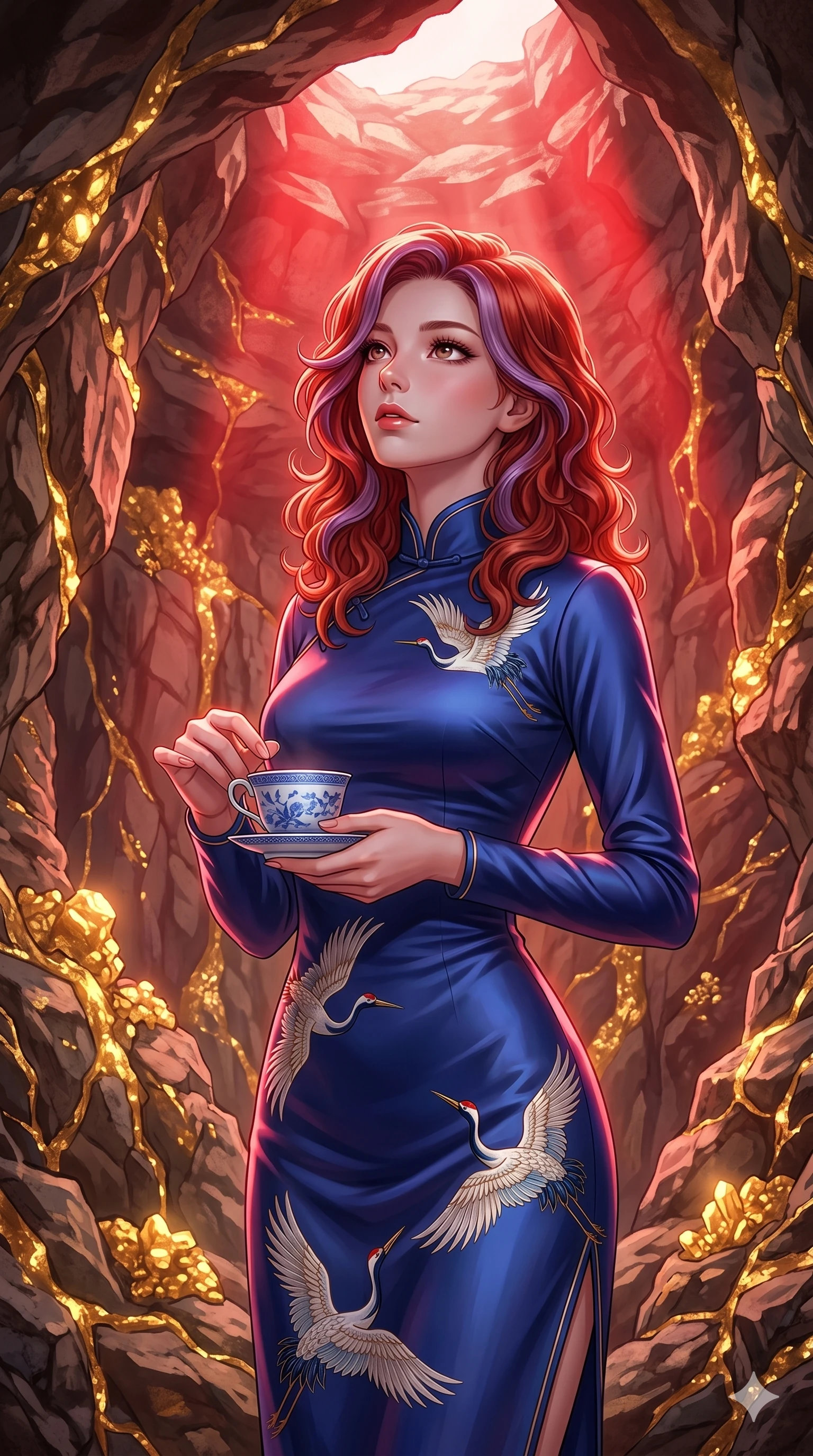 score_9, masterpiece, best quality, ultra-detailed, high-budget anime keyframe, editorial fashion photography, tasteful artistic composition, Caucasian woman, strictly human ears. cowboy shot from the thighs up, character and outfit filling the frame for maximum editorial presence. resting her fingers on a porcelain tea cup, looking up with a gentle, curious gaze in a secret cavern filled with glowing golden mineral veins (Code-P17-038). She has an absolutely perfect 8-heads proportion, an exceptionally tall and slender female figure with impossibly long slender legs and an ultra-slim waist. V-shaped jawline, high-bridge nose, intricate jewel-like eyes with depth, thick eyelashes, glossy lips with a natural sheen. wearing a high-neck silk cheongsam with long sleeves and elegant crane prints. dramatic crimson theatrical sunset light, casting sharp highlights on every curve. 2k, ultra detail, master piece, 9:16 ratio