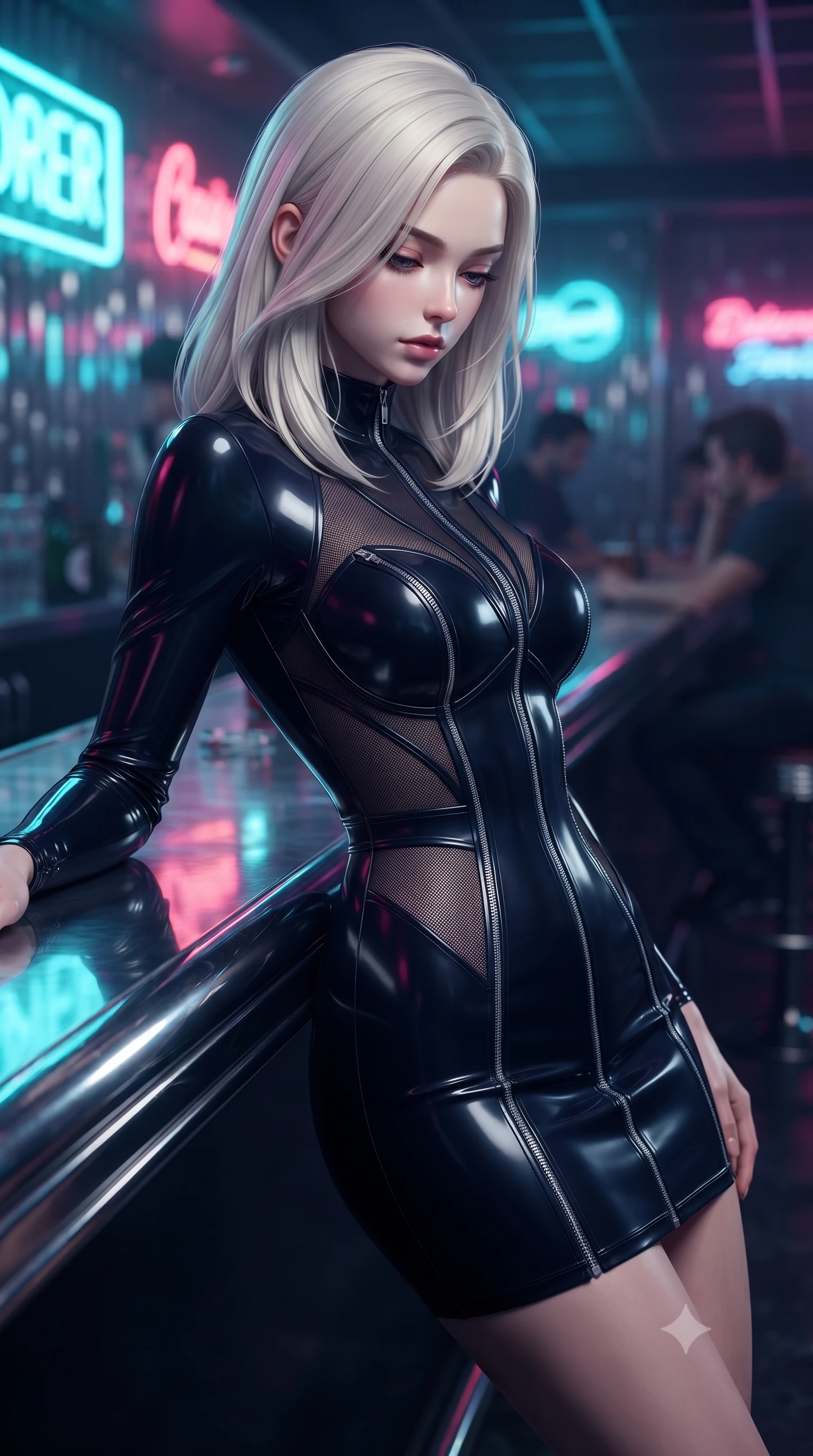score_9, masterpiece, best quality, ultra-detailed, high-budget anime keyframe, editorial fashion photography, tasteful artistic composition, Caucasian woman. close-up cowboy shot from the waist and thighs up, the character dominates the composition, filling the frame with her large presence, background elements kept in soft focus. Looking down with lowered lashes and a composed, powerful dark aura, resting against a polished chrome bar counter reflecting neon neon reflections, glove-like fit liquid vinyl dress highlighting her ultra-slim waist. She has an exceptionally elegant, slender, and willowy female figure with an ultra-slim waist, a gracefully sculpted slender torso, and a refined silhouette. sharp v-shaped jawline, high-bridge nose, intricate jewel-like eyes with depth, thick eyelashes, glossy lips with a natural sheen. wearing glove-like fit dark navy latex bodycon mini dress in pitch-black onyx, made of fine dark contouring mesh, finished with metallic silver boning and sleek zipper points, the fitted fabric emphasizing her ultra-slim waist. surrounded by a moody neon glow with sharp edge highlights on dark vinyl. ultra-reflective glossy finish, specular highlights, metallic sheen, high-contrast stereoscopic depth, volumetric dynamic lighting, 2k, ultra detail, master piece, 9:16 ratio