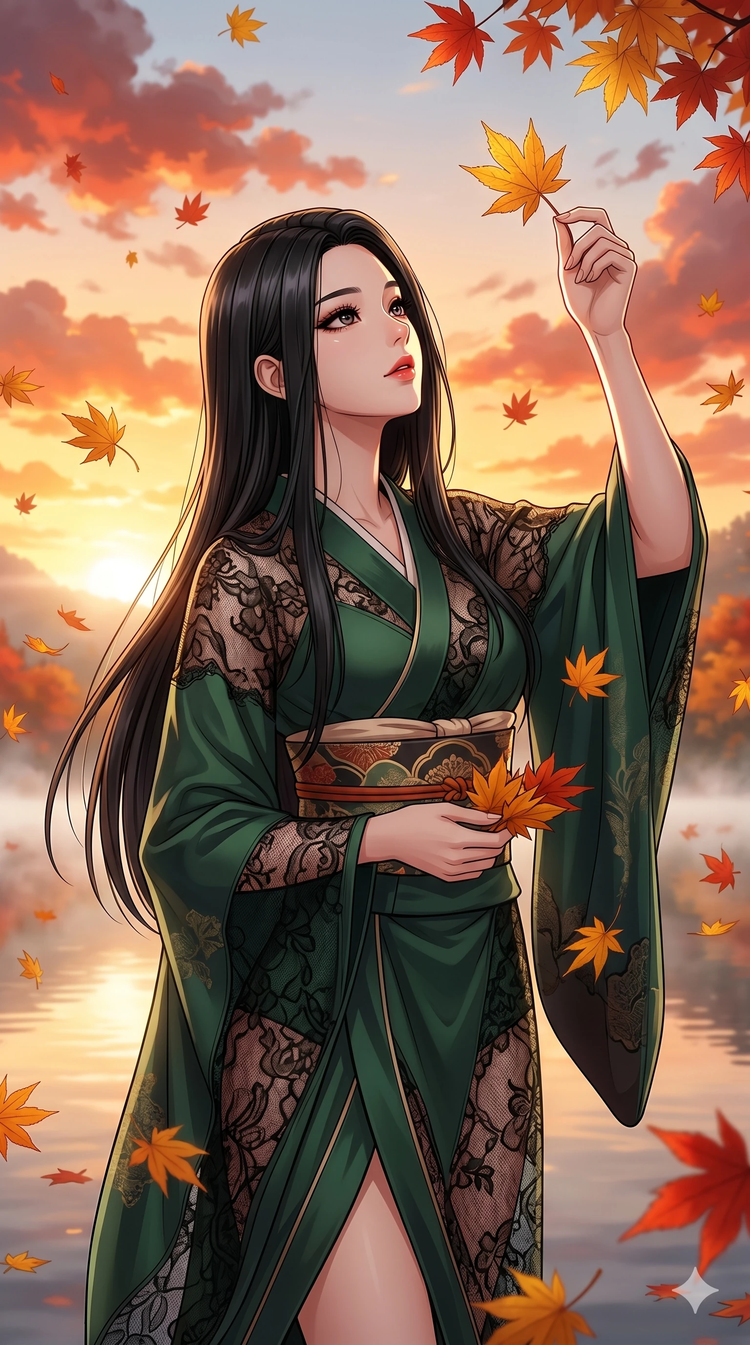 score_9, masterpiece, best quality, ultra-detailed, Set C: High-budget Anime Keyframe, Korean woman. Upper body close-up from the thighs up, character filling the screen for maximum presence. Catching falling golden maple leaves by a misty mountain lake at a fiery sunset. She has an absolutely perfect 8-heads proportion, an exceptionally tall and slender female figure with an slender waist and graceful posture. Sharp v-shaped jawline, high-bridge nose, intricate jewel-like eyes with depth, thick eyelashes, glossy lips. Wearing a Modern Traditional outfit: fusion silk robes with transparent panels and a wide obi. Background is a bright and colorful autumn landscape with glowing orange clouds and misty reflections. 2k, ultra detail, master piece, 9:16 ratio