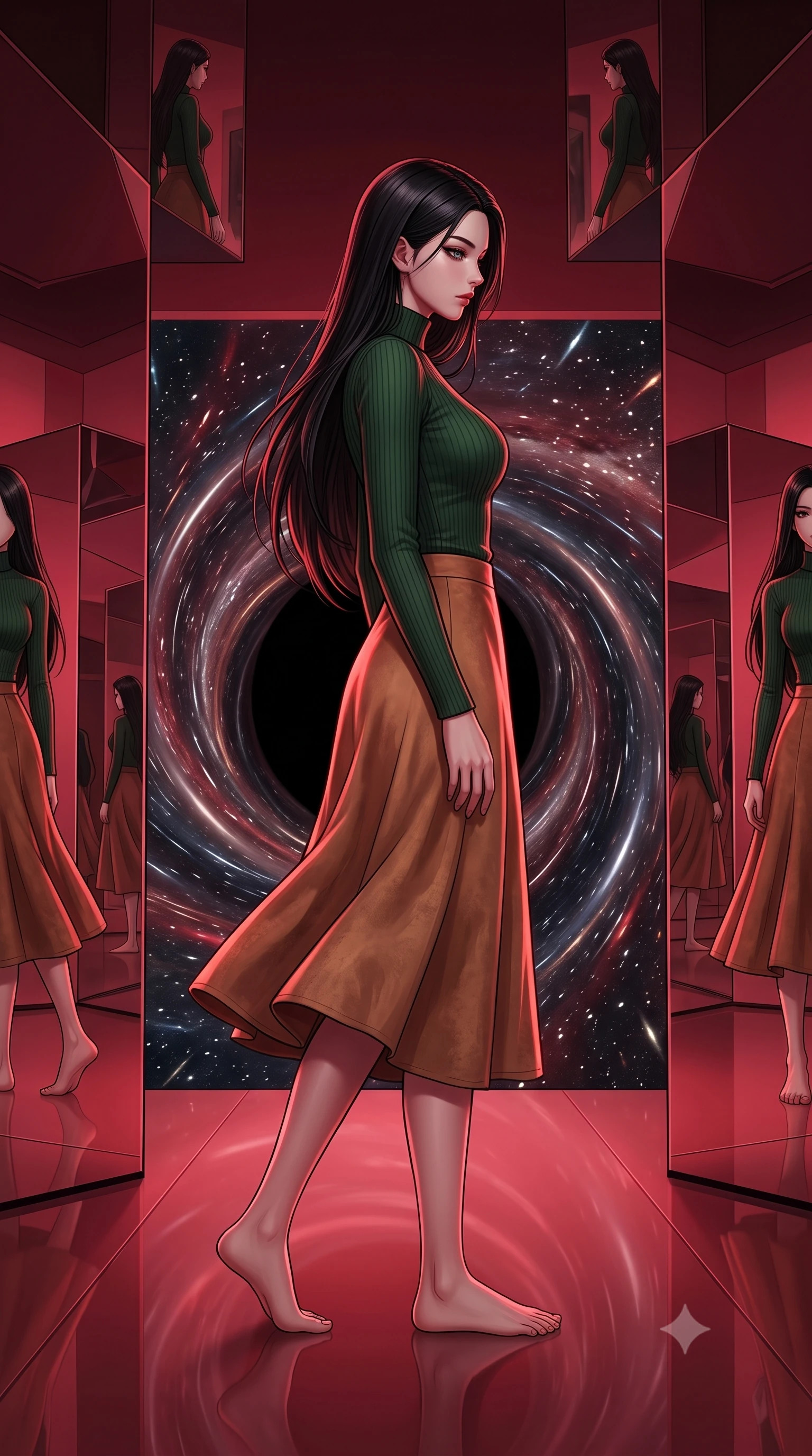 score_9, masterpiece, best quality, ultra-detailed, high-budget anime keyframe, editorial fashion photography, tasteful artistic composition, Korean woman. low angle full-body shot from head to toe showing her feet, filling the entire 9:16 vertical frame with her statuesque presence, stretching her vertical silhouette. navigating with fluid motion through a gallery positioned at the edge of a black hole where extreme gravity bends light around mirrors creating impossible reflections of infinity with space-time visibly warping and stretching near each polished surface. She has a statuesque 8.5-heads proportion, an exceptionally tall, slender and willowy model-like build with impossibly long legs and a highly sculpted ultra-slim waist. sharp v-shaped jawline, high-bridge nose, intricate jewel-like eyes with depth, thick eyelashes, glossy lips with a natural sheen. wearing a high-neck forest green ribbed long-sleeve top paired with a tan suede A-line midi skirt. deep crimson theatrical lighting with sharp specular highlights on every curve. 2k, ultra detail, master piece, 9:16 ratio