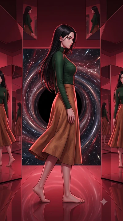 score_9, masterpiece, best quality, ultra-detailed, high-budget anime keyframe, editorial fashion photography, tasteful artistic composition, Korean woman. low angle full-body shot from head to toe showing her feet, filling the entire 9:16 vertical f