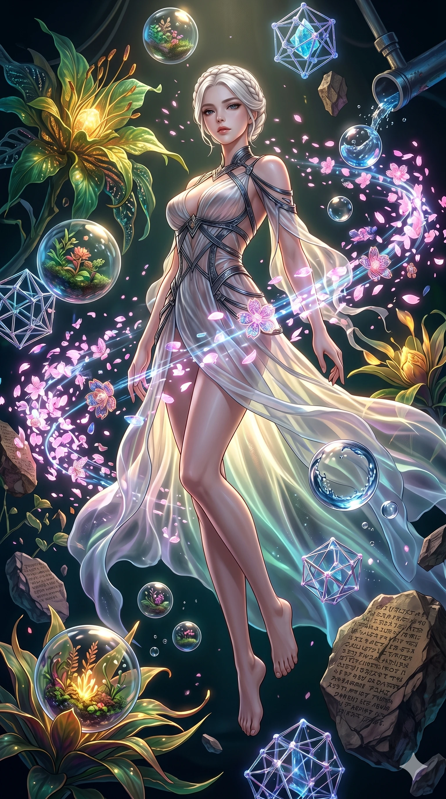 score_9, masterpiece, best quality, ultra-detailed, Set A: High-budget Anime Keyframe, Korean woman. Low angle cowboy shot filling the entire 9:16 frame with her statuesque presence. Floating through a floating botanical garden, as gravity fails and everything around her floats in state 16 and surrounded by digital sakura petals. She has an absolutely perfect 8-heads proportion, an exceptionally tall and slender female figure with impossibly long slender legs and an ultra-slim waist. Sharp v-shaped jawline, high-bridge nose, intricate jewel-like eyes with depth, thick eyelashes, glossy lips with a natural sheen. Wearing Avant-garde paper-thin silk dress that floats like smoke, with metallic straps. Cinematic lighting, vibrant colors, dramatic shadows, 2k, ultra detail, master piece, 9:16 ratio