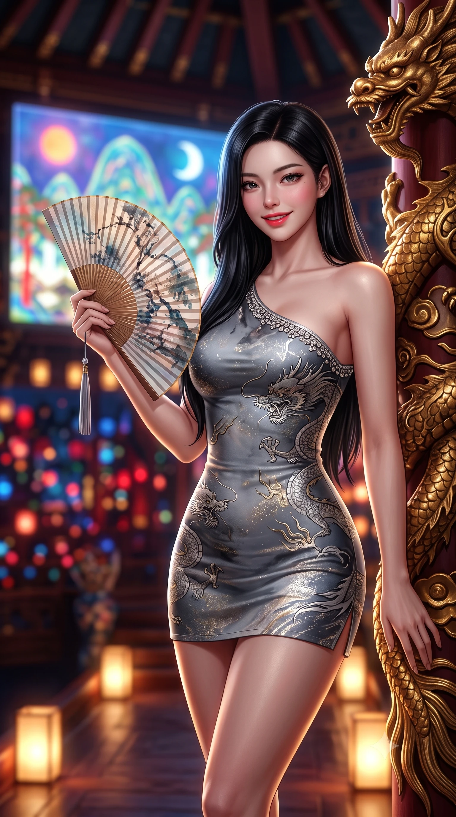 score_9, masterpiece, best quality, ultra-detailed, high-budget anime keyframe, semi-realistic 3D game render, editorial fashion photography, tasteful artistic composition, Korean woman. close-up cowboy shot from the waist and thighs up, the character dominates the composition, filling the frame with her large presence. playfully unfurling a painted silk fan toward the lens, her radiant smile capturing fresh girlhood charm while her arched torso reveals an intoxicating hip contour while leaning against an ornate gilded dragon column with hips cocked back, looking into the camera with an intoxicating, commanding bedroom-gaze. The background shows a soft-focus the colossal holographic Sun, Moon, and Five Peaks screen and soaring royal ceiling rafters blurred into imperial crimson, sapphire, and gold bokeh. She has an exceptionally elegant, slender, and willowy female figure with an ultra-slim waist, flat toned midriff, narrow ribcage, and sculpted feminine hips creating an alluring, slim hourglass silhouette without bulk. sharp v-shaped jawline, high-bridge nose, intricate jewel-like dark sparkling almond eyes with depth, thick lashes, glossy parted lips with a natural rose-plum sheen, bright alluring and coquettish smile with bedroom-eyes, exuding both timeless oriental elegance and sovereign high-fashion allure, flawlessly proportioned anatomical accuracy, strict slender model proportions, natural body alignment, perfectly sculpted long slender limbs, ultra-slim waistline, clean dynamic posture without body distortion. wearing an asymmetric one-shoulder dragon-embroidered silk mini dress hugging her narrow waist and rounded feminine hips in misty ink-wash slate grey and liquid silver, woven from metallic gold and silver thread casting subtle starlight glints, finished with subtle crystal rhinestones tracing the elegant neckline, the form-contouring cut accentuating her sculpted flat midriff, narrow delicate ribcage, and gracefully curvy hips with regal oriental supermodel elegance. illuminated by under-floor warm uplighting and sharp platinum rim lights carving her razor-sharp jawline, narrow waist, and curvy hips. highly saturated vibrant anime colors, detailed shading with soft gradients, rich glossy textures, high-contrast stereoscopic depth, volumetric dynamic lighting, master piece, 9:16 ratio