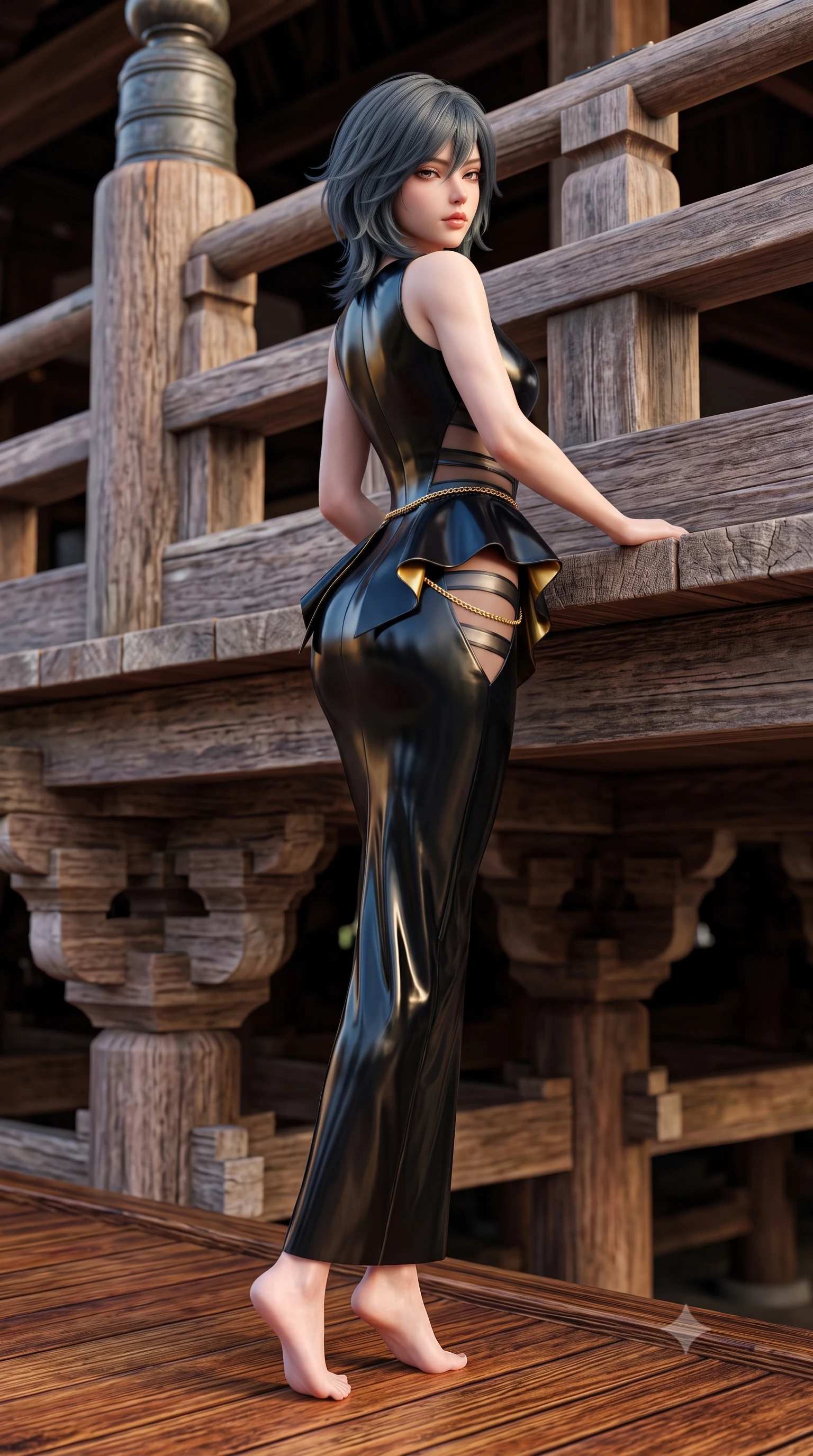 score_9, masterpiece, best quality, ultra-detailed, high-budget anime keyframe, semi-realistic 3D game render, editorial fashion photography, tasteful artistic composition, Caucasian woman. low angle full-body shot from head to toe showing her feet, filling the entire 9:16 vertical frame with her statuesque presence, stretching her vertical silhouette. posing with back turned slightly to the lens, glancing back with smoldering allure as she arches her lower back to emphasize her sculpted feminine hips and slender waist while leaning against the massive weathered cypress railing with hips cocked back, looking over her shoulder with peaceful, seductive bedroom-eyes. The composition keeps background elements in soft focus with creamy bokeh. massive interlocking timber pillar structures below the stage softened in romantic Kyoto shallow focus. She has an exceptionally tall and slender model-like 8.5-heads proportion, an ultra-slim waist, a flat toned midriff, narrow delicate ribcage, and beautifully sculpted feminine hips creating a graceful, slim hourglass silhouette without any bulky heaviness, with impossibly long slender legs. sharp v-shaped jawline, high-bridge nose, intricate jewel-like eyes with depth, thick eyelashes, glossy parted lips with a natural sheen, intensely captivating and seductive bedroom-eyes expression, flawlessly proportioned anatomical accuracy, strict slender model proportions, natural body alignment, perfectly sculpted long slender limbs, ultra-slim waistline, clean dynamic posture without body distortion. wearing a structural geometric peplum gown with sheer side-ribbon cutouts and form-fitting skirt in midnight obsidian black and liquid gold, tailored from second-skin aerodynamic stretch vinyl with specular wet sheen, accented with a delicate gold chain belt resting loosely on her curvy hips, the form-contouring material adhering flawlessly to her sculpted flat midriff and slender torso, emphasizing her long leg lines and perfectly proportioned willowy build. illuminated by warm wooden deck bounce light sculpting her razor-sharp jawline, narrow waist, and curvy hips. highly saturated vibrant anime colors, detailed shading with soft gradients, rich glossy textures, high-contrast stereoscopic depth, volumetric dynamic lighting, master piece, 9:16 ratio