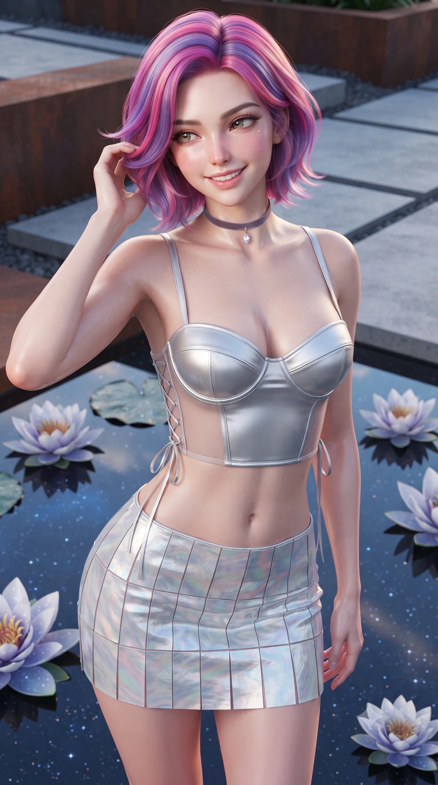 score_9, masterpiece, best quality, ultra-detailed, high-budget anime keyframe, editorial fashion photography, tasteful artistic composition, Caucasian woman. close-up cowboy shot from the waist and thighs up, the character dominates the composition, filling the frame with her large presence. gently brushing a lock of hair behind her ear while casting a playful, flirtatious side-gaze with long eyelashes while twisting her slender torso in an alluring S-curve, floating water lilies and reflected starry skies framing her flat midriff and hips. The surrounding environment is rendered in vivid detail and crisp panoramic clarity: sharp weathered Corten steel patina textures, pristine water reflection clarity, and geometric concrete pavers in deep focus. She has an exceptionally elegant, slender, and willowy female figure with an ultra-slim waist, flat toned midriff, narrow ribcage, and sculpted feminine hips creating an alluring, slim hourglass silhouette without bulk. sharp v-shaped jawline, high-bridge nose, intricate jewel-like sparkling eyes with depth, thick eyelashes, glossy parted lips with a natural peach sheen, bright cheerful beaming smile with an enchanting and coquettish sensual glint, exuding both youthful cute charm and seductive allure, flawlessly proportioned anatomical accuracy, strict slender model proportions, natural body alignment, perfectly sculpted long slender limbs, ultra-slim waistline, clean dynamic posture without body distortion. wearing a sculpted satin underwire crop bustier with lace-up side ties paired with a micro skirt in liquid molten silver and iridescent mother-of-pearl, featuring strategic sheer-illusion tulle side panels framing her ribcage and hips, finished with a thin velvet ribbon choker and a single teardrop diamond pendant, the liquid-tight tailored fabric clinging flawlessly to her narrow waist and rounded feminine hips, emphasizing every millimeter of her sculpted slim hourglass curves without any bulky heaviness. illuminated by still water specular reflection fill and sharp copper-platinum rim lights sculpting her jawline, narrow waist, and curvy hips. ultra-reflective glossy finish, specular highlights, rich textural contrasts, high-contrast stereoscopic depth, volumetric dynamic lighting, 2k, ultra detail, master piece, 9:16 ratio