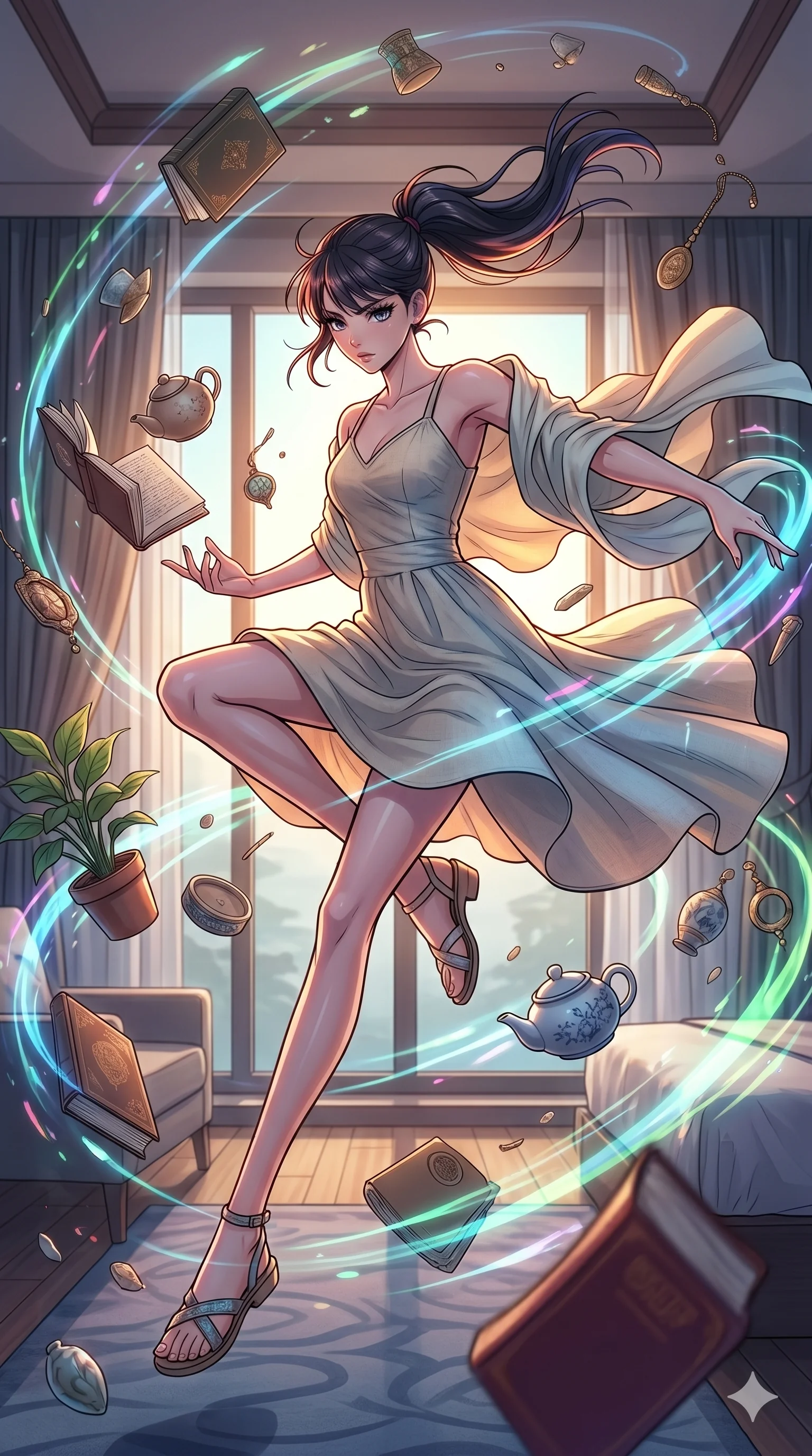 score_9, masterpiece, best quality, ultra-detailed, high-budget anime movie keyframe, cinematic anime lighting, intricate line art, Japanese woman. Mid-air action shot capturing a graceful twist and vertical silhouette. manipulating the gravity of a room, causing objects to float and spin. She has an graceful and slender female figure with elegant proportions. strictly human anatomy, two legs only, no extra limbs, clearly defined legs and arms, well-defined anatomy, perfect hands and fingers. sharp v-shaped jawline, high-bridge nose, intricate jewel-like eyes, thick eyelashes, glossy lips. Wearing Seasonal/Resort: Elegant linen sundress with a light shawl and stylish resort wear. The scene is illuminated by dramatic atmospheric lighting and vibrant color palettes. , 2k, ultra detail, master piece, 9:16 ratio