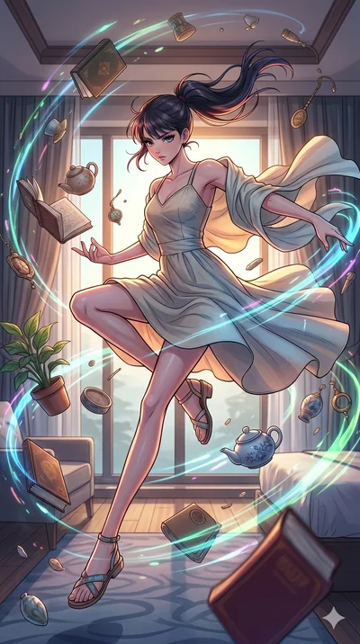 score_9, masterpiece, best quality, ultra-detailed, high-budget anime movie keyframe, cinematic anime lighting, intricate line art, Japanese woman. Mid-air action shot capturing a graceful twist and vertical silhouette. manipulating the gravity of a 