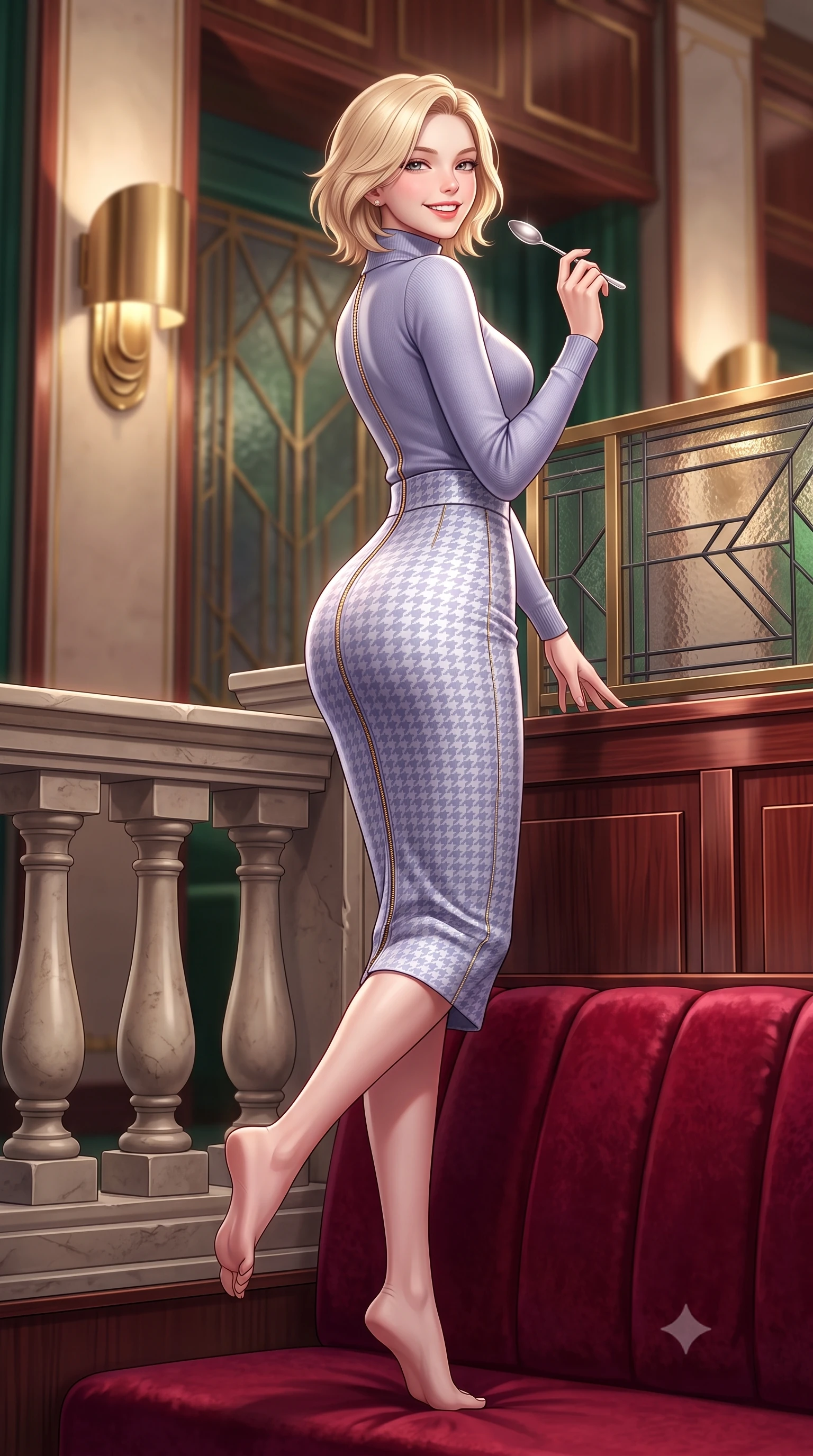 score_9, masterpiece, best quality, ultra-detailed, high-budget anime keyframe, semi-realistic 3D game render, editorial fashion photography, tasteful artistic composition, Caucasian woman. low angle full-body shot from head to toe showing her feet, filling the entire 9:16 vertical frame with her statuesque presence, stretching her vertical silhouette. standing poised beside the classical stone balustrade with one foot slightly forward, arching her lower back with regal supermodel grace while perched gracefully on the edge of the velvet banquette, holding a silver dessert spoon with playful, charming elegance. The background shows a soft-focus curved brass Art Deco light sconces, geometric leaded glass screens, and polished rosewood walls blurred into emerald, brass, and rosewood bokeh. She has an exceptionally tall and slender model-like 8.5-heads proportion, an ultra-slim waist, a flat toned midriff, narrow delicate ribcage, and beautifully sculpted feminine hips creating a graceful, slim hourglass silhouette without any bulky heaviness, with impossibly long slender legs. sharp v-shaped jawline, high-bridge nose, intricate jewel-like sparkling eyes with depth, thick eyelashes, glossy parted lips with a natural peach sheen, bright cheerful beaming smile with an enchanting and coquettish sensual glint, exuding both youthful cute charm and seductive allure, flawlessly proportioned anatomical accuracy, strict slender model proportions, natural body alignment, perfectly sculpted long slender limbs, ultra-slim waistline, clean dynamic posture without body distortion. wearing a body-hugging fine-knit merino turtleneck tucked seamlessly into a high-waisted tailored houndstooth pencil midi skirt in frosted mountain lavender and shimmering ice silver, crafted from liquid-tight stretch cashmere knit clinging flawlessly to every curve with silky softness, featuring fine gold zipper details tracing the vertical spine and contour seams, the body-conscious tailored knit hugging her sculpted torso and curvaceous hips in a seamless, fluid line that highlights her statuesque model proportions. illuminated by rosewood wall and brass reflection bounce with crisp champagne rim lights defining her cheekbones and slender waist. highly saturated vibrant anime colors, detailed shading with soft gradients, rich glossy textures, high-contrast stereoscopic depth, volumetric dynamic lighting, master piece, 9:16 ratio